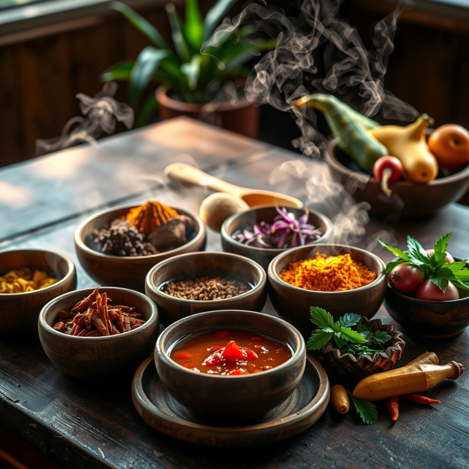 Colorful aromatic ingredients of Brazilian cuisine including dende oil, tucupi and Amazonian herbs