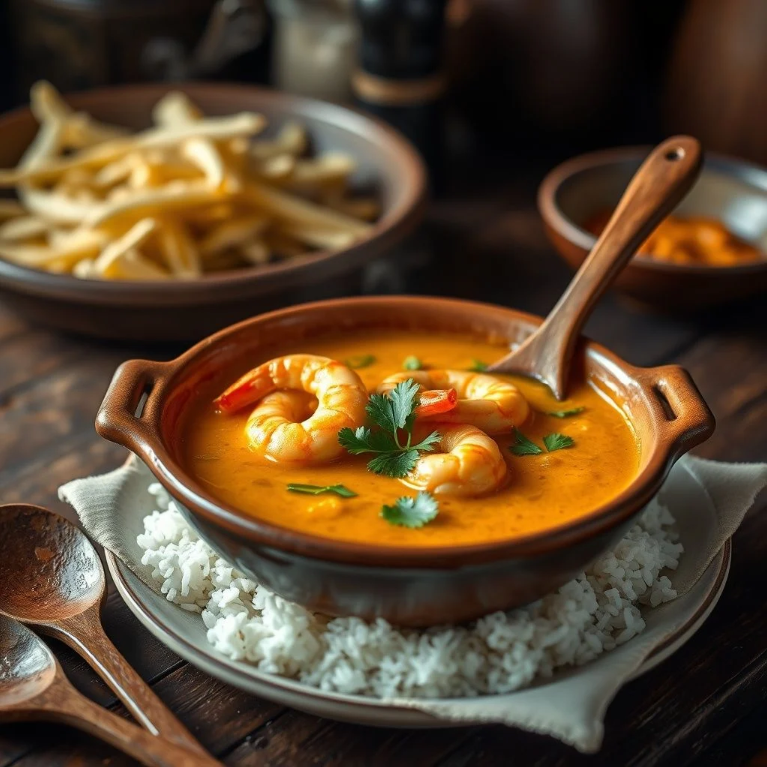 Vatapá brasileño tradicional servido en plato de cerámica con arroz blanco y camarones