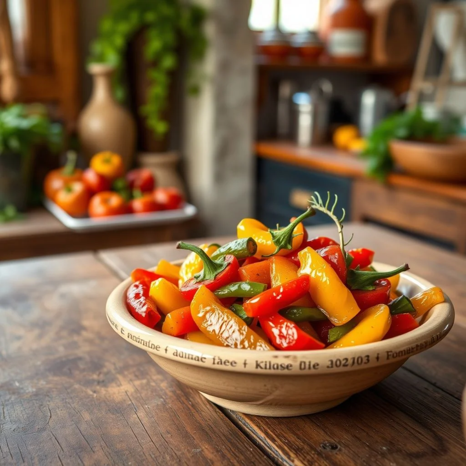 Ensalada de pimientos españoles asados coloridos con aceite de oliva en mesa rústica mediterránea