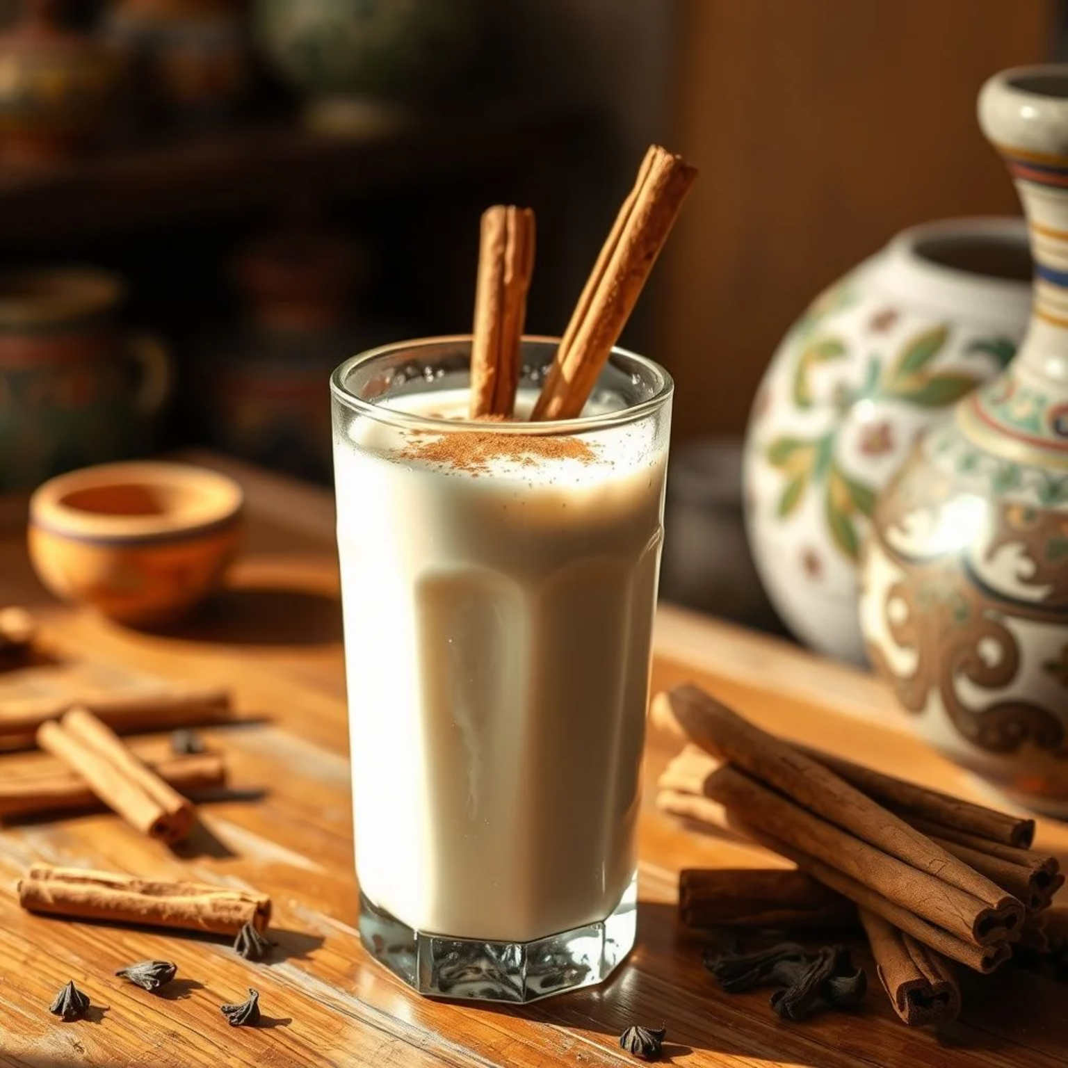 Horchata mexicana auténtica servida en vaso de vidrio con canela - bebida tradicional de arroz