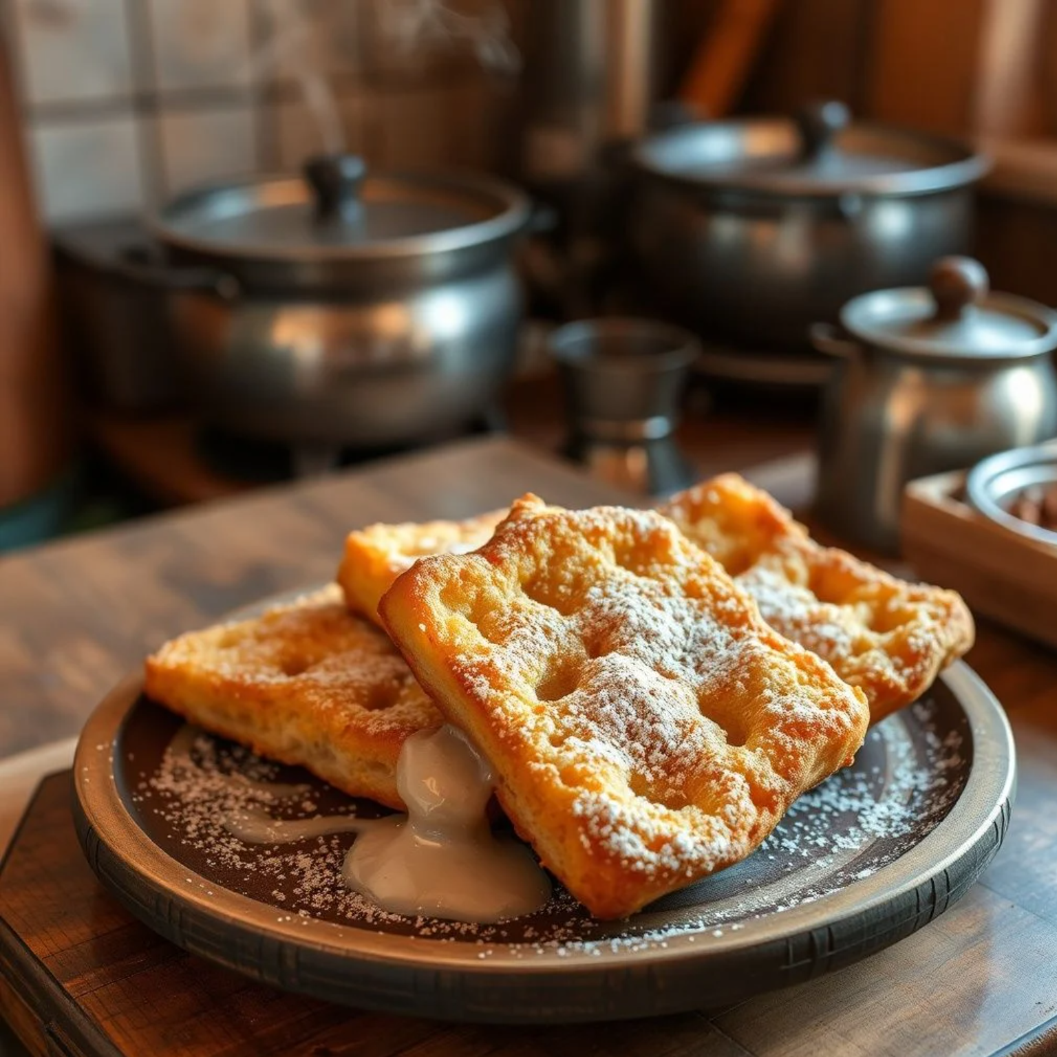 Torrijas españolas doradas con leche y canela espolvoreadas con azúcar en plato rústico tradicional