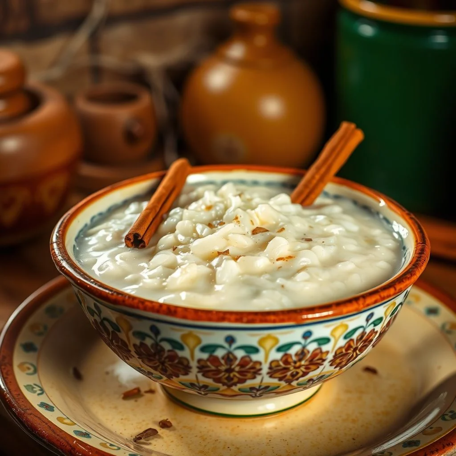 Arroz con leche mexicano cremoso con canela en bowl tradicional de Talavera con vapor aromático