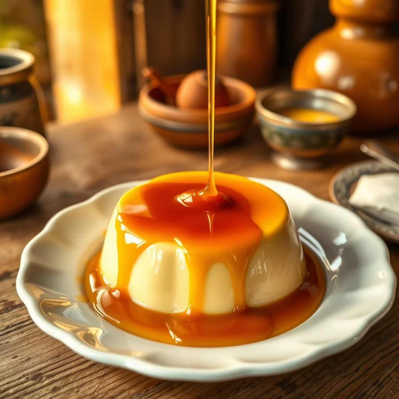 Flan napolitano mexicano cremoso con caramelo dorado servido en plato blanco