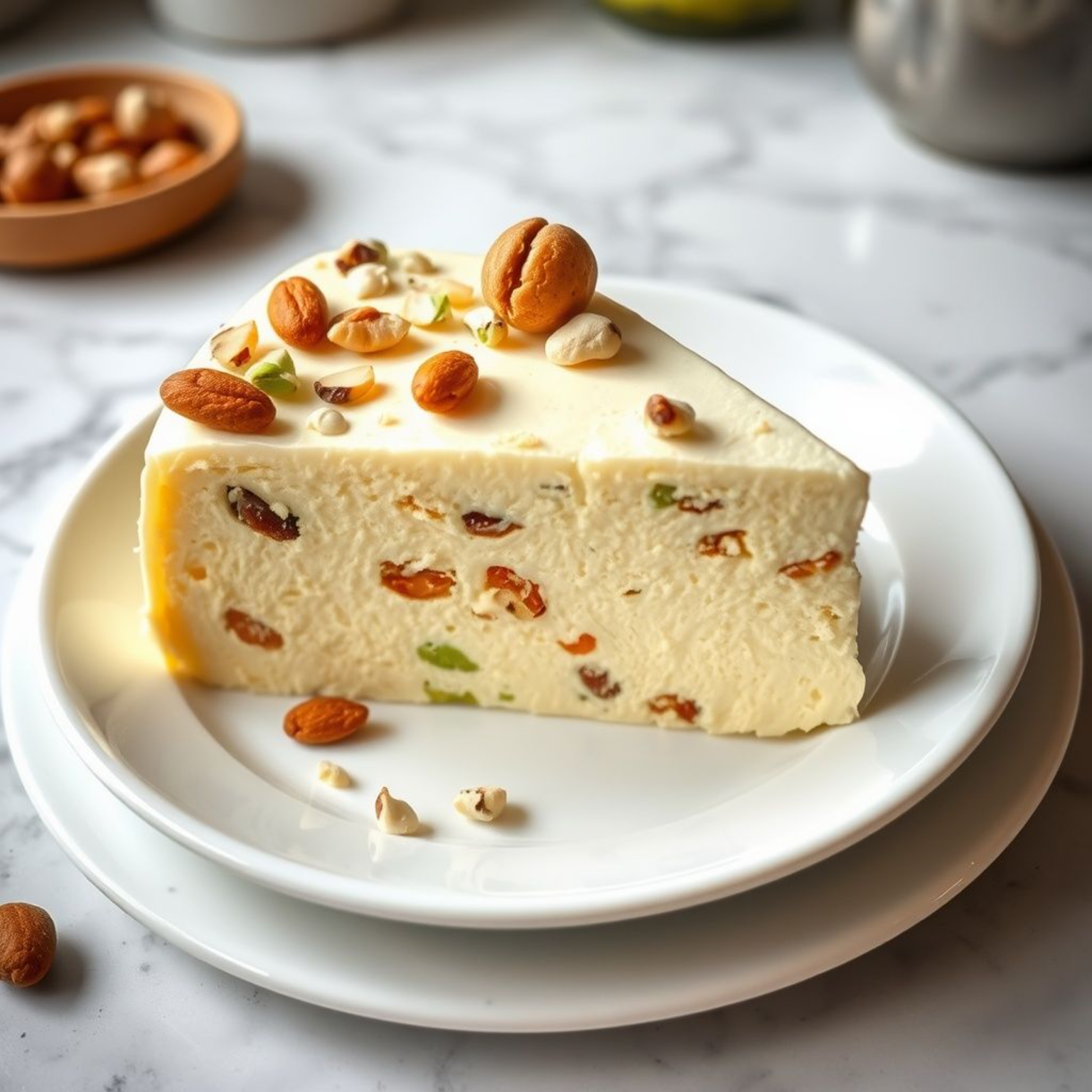 Semifreddo italiano casero con frutos secos servido en plato elegante, receta tradicional cremosa