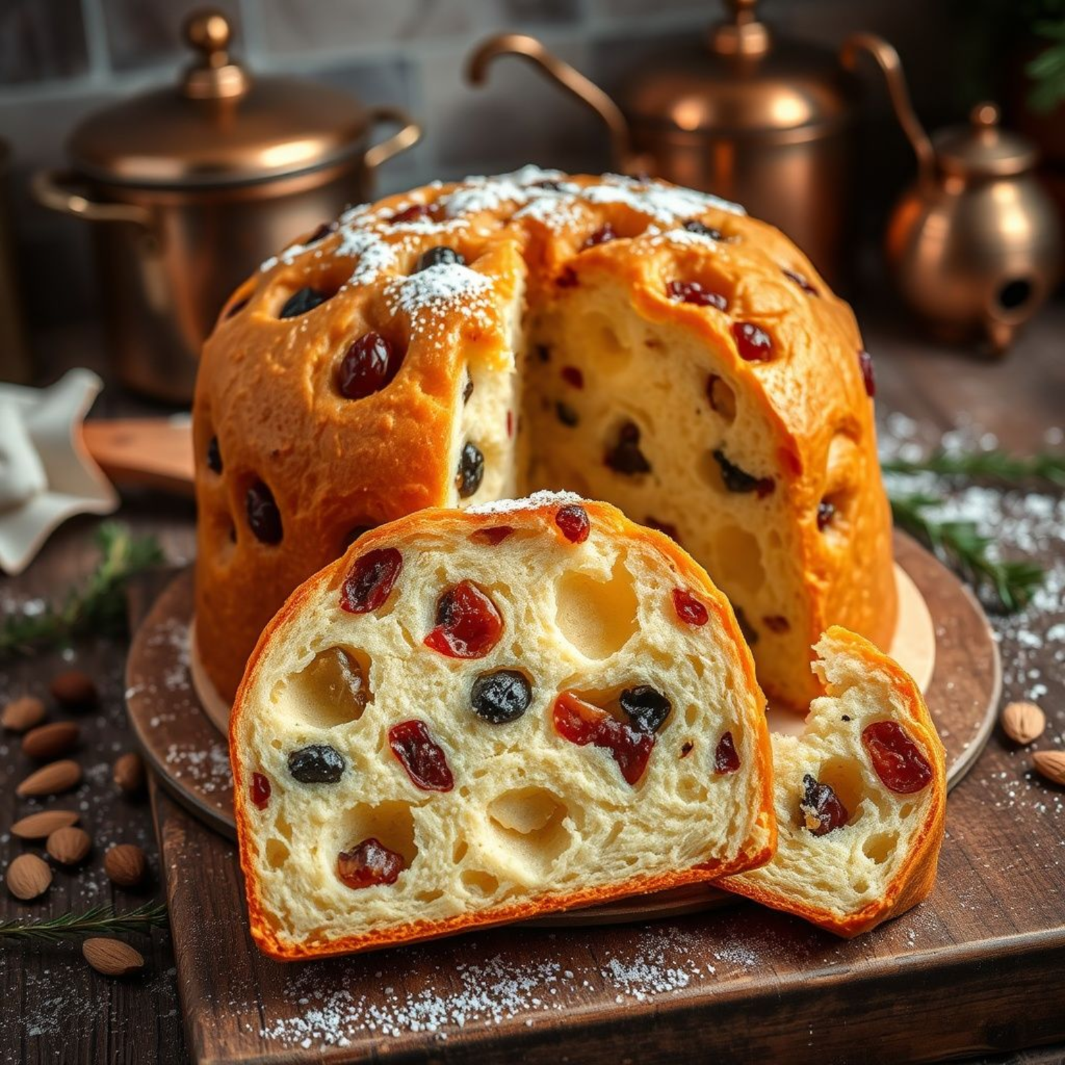 Panettone italiano tradicional casero con frutas confitadas sobre mesa rústica navideña