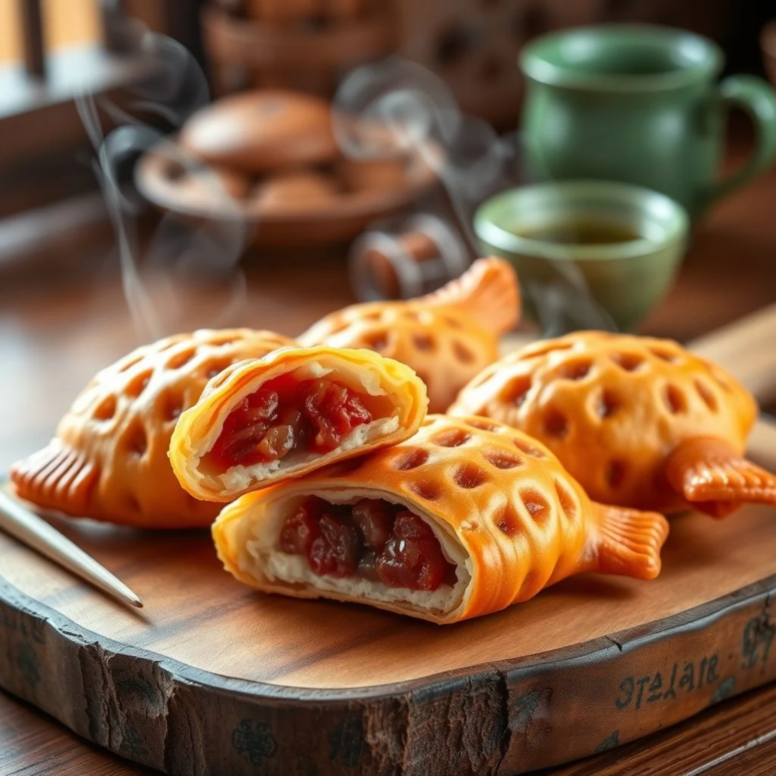 Taiyaki japonés recién hecho con relleno de anko, pasteles dorados en forma de pez sobre tabla de madera