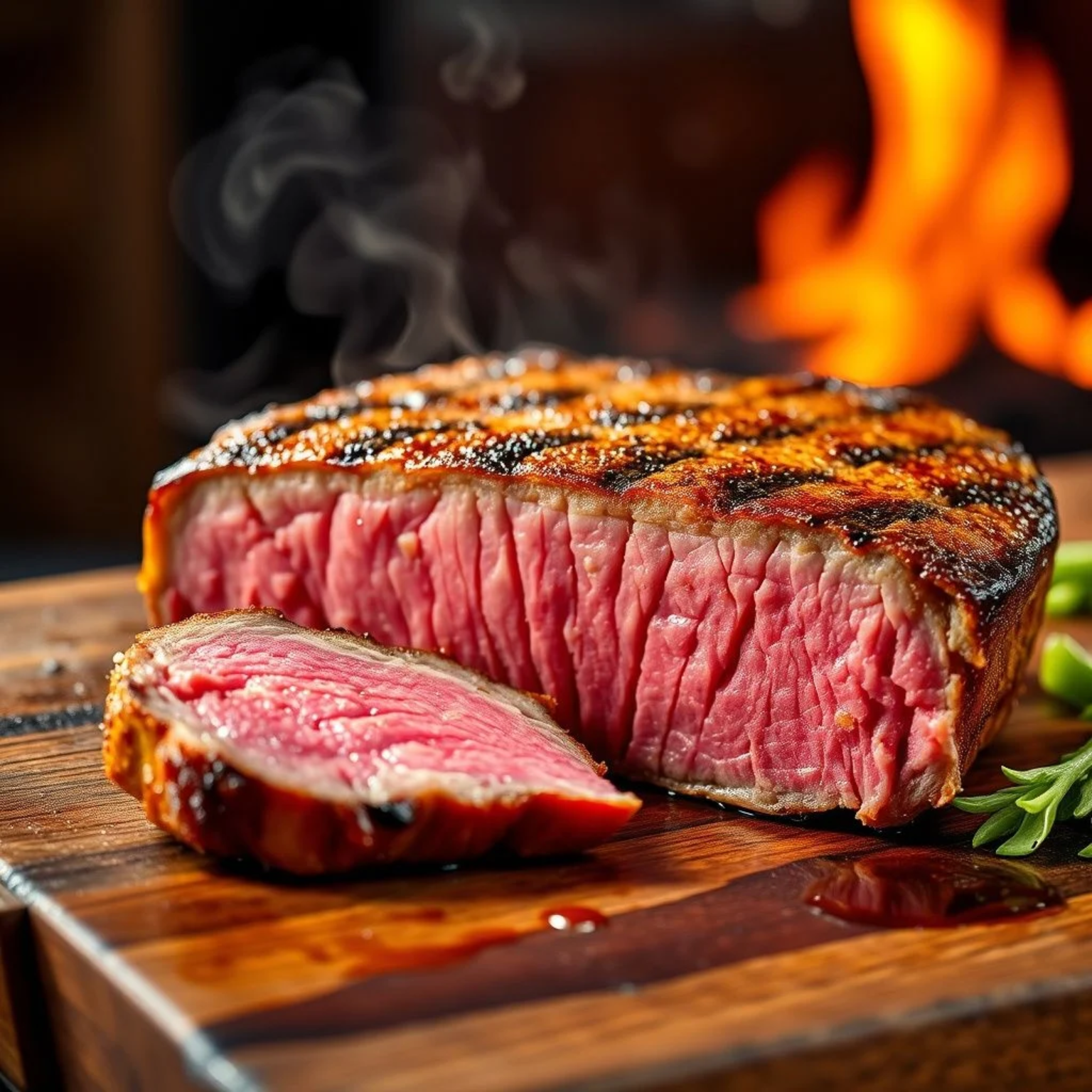 Bife de chorizo argentino con costra caramelizada perfecta y interior jugoso rosado sobre tabla de madera