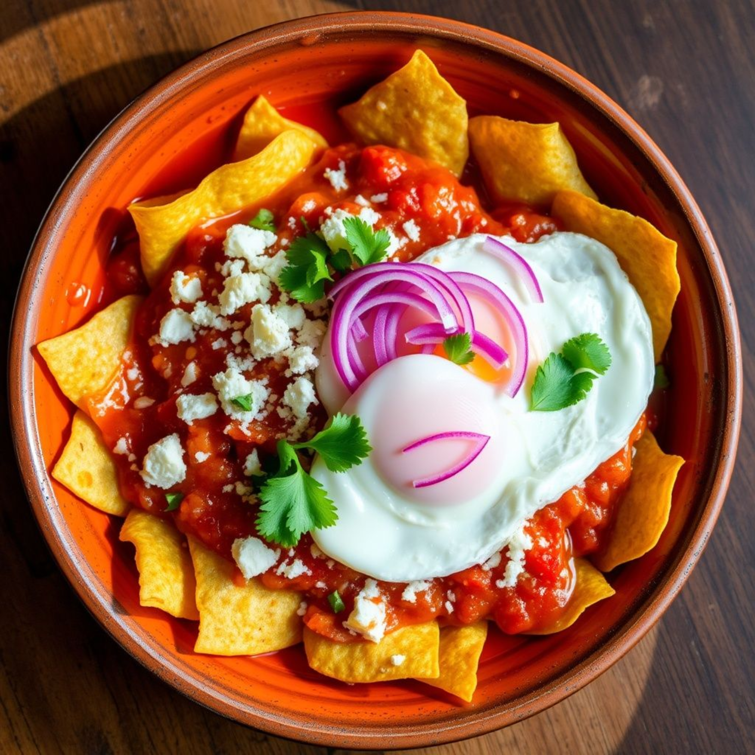 Chilaquiles mexicanos tradicionales en plato de barro con salsa roja, queso fresco, crema, cebolla morada y huevo estrellado