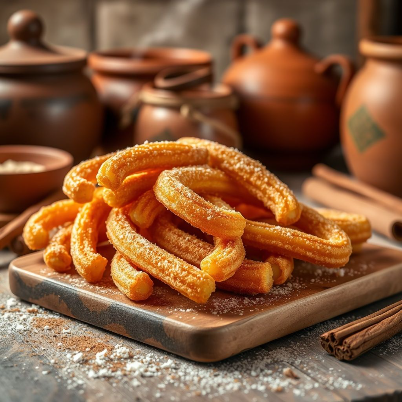 Churros mexicanos recién hechos espolvoreados con canela y azúcar sobre tabla de madera rústica