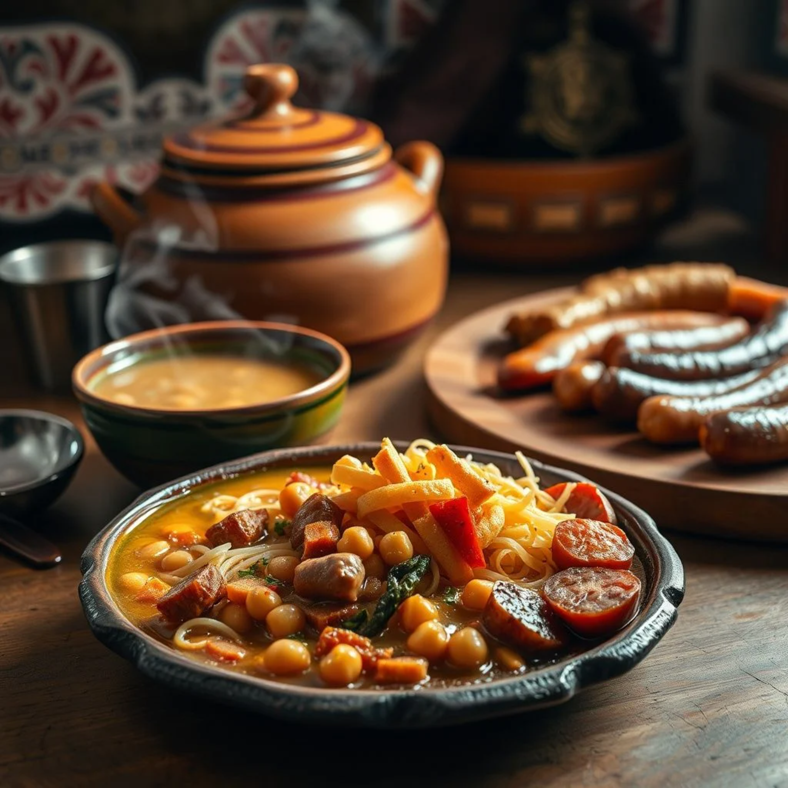 Cocido madrileño tradicional de tres vuelcos servido en vajilla española auténtica con vapor visible