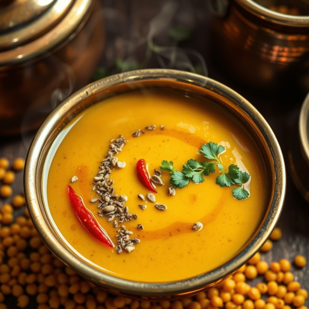 Dal Tadka Tradicional - Receta India Facil en 30 Minutos (2) Receta autentica dal tadka indio con especias doradas y ghee, lentejas amarillas cremosas servidas en bol tradicional