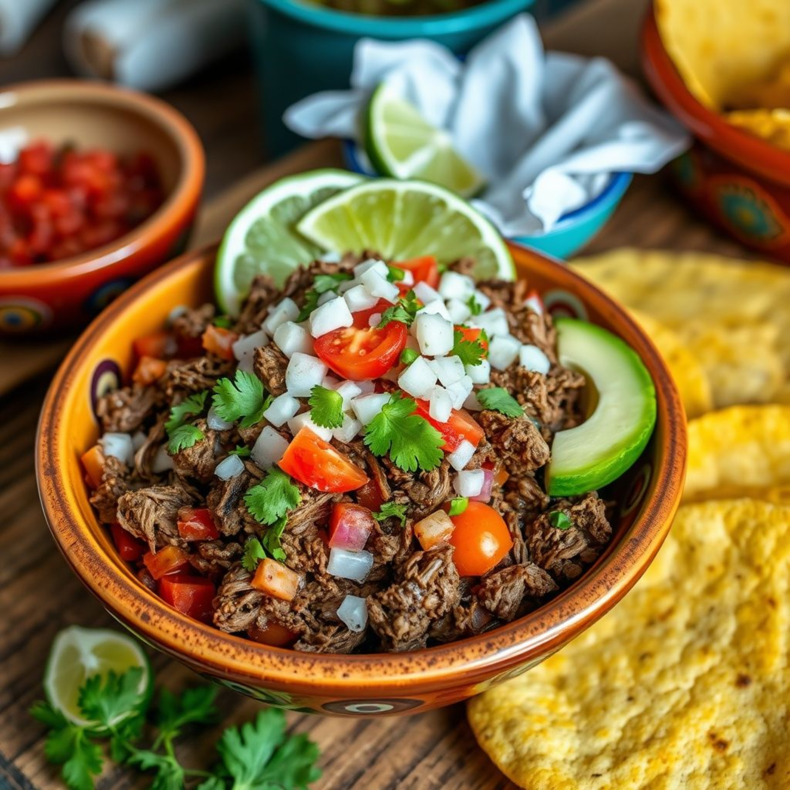 Salpicón de res mexicano con carne deshebrada, vegetales frescos y aguacate - receta tradicional
