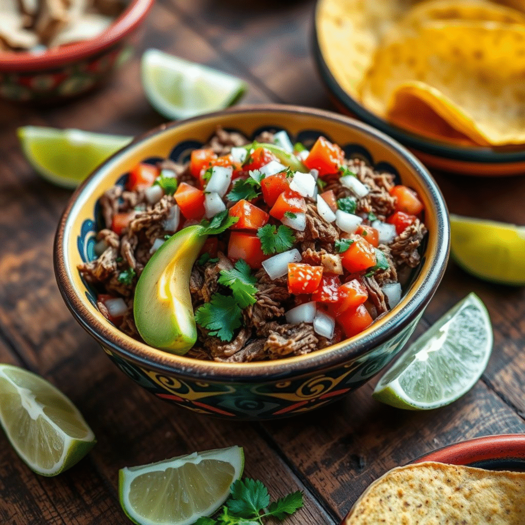 Delicioso salpicón de res mexicano con carne deshebrada y vegetales frescos
