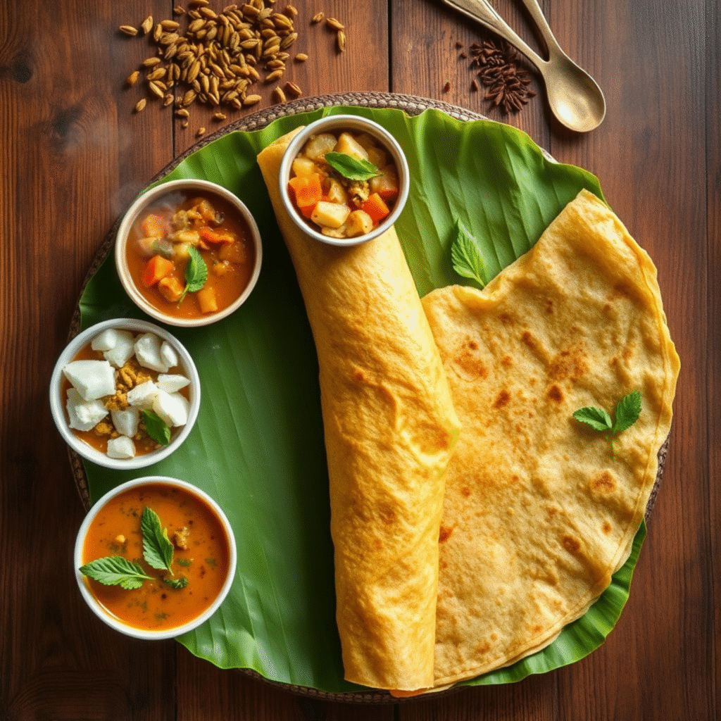 Dosa Masala Tradicional - Receta Fácil del Sur de India en 30 Minutos Dosa Masala auténtico del sur de India servido en hoja de plátano con sambar, chutneys y relleno de papas especiadas - receta fácil tradicional