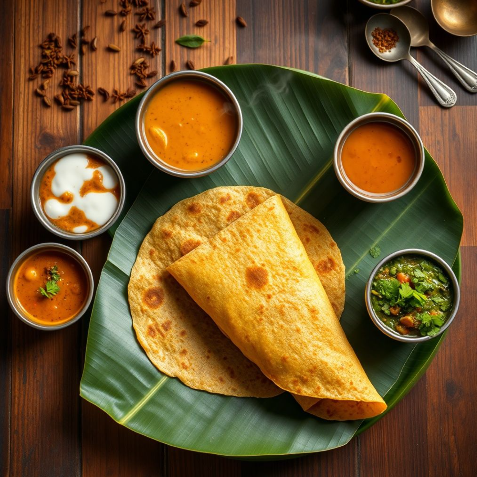 Dosa Masala auténtico del sur de India servido en hoja de plátano con sambar, chutneys y relleno de papas especiadas - receta fácil tradicional
