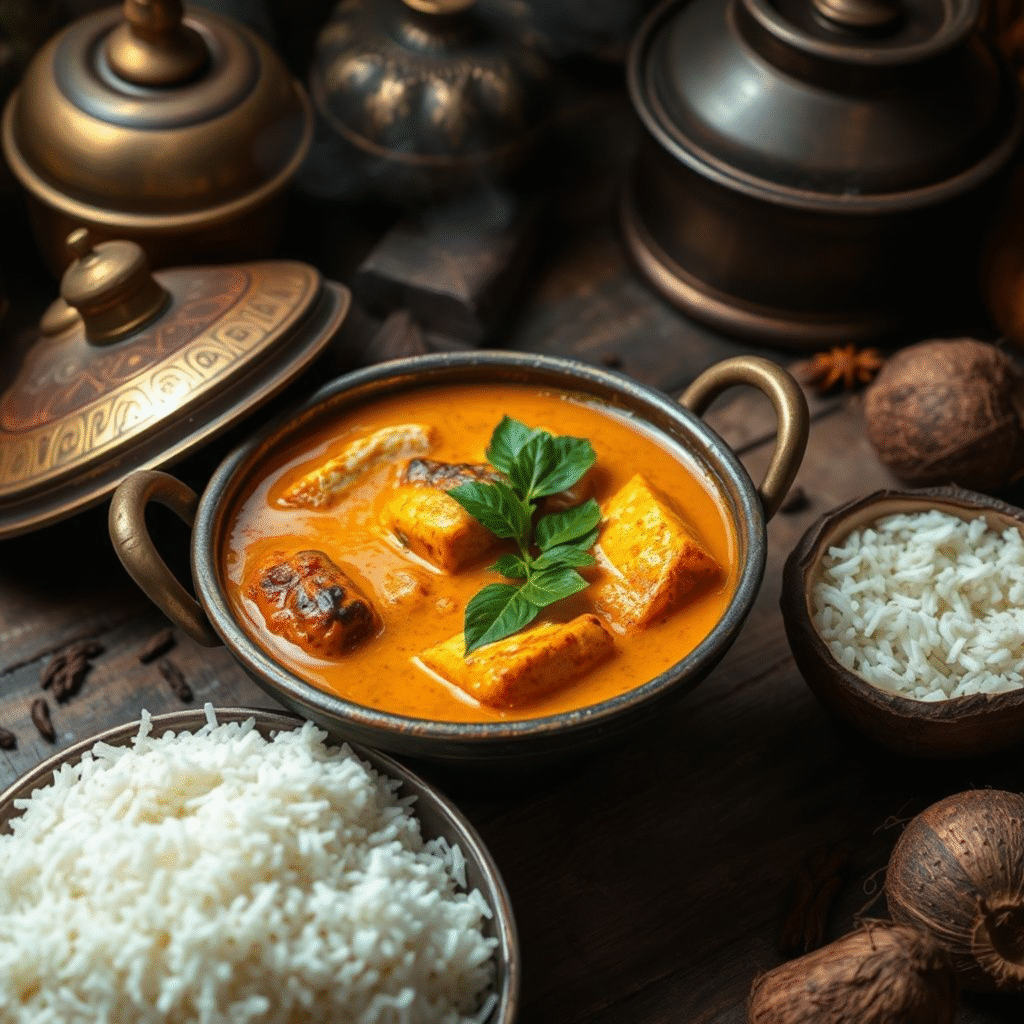 Auténtico fish curry kerala dorado en olla de barro con arroz basmati y especias tradicionales
