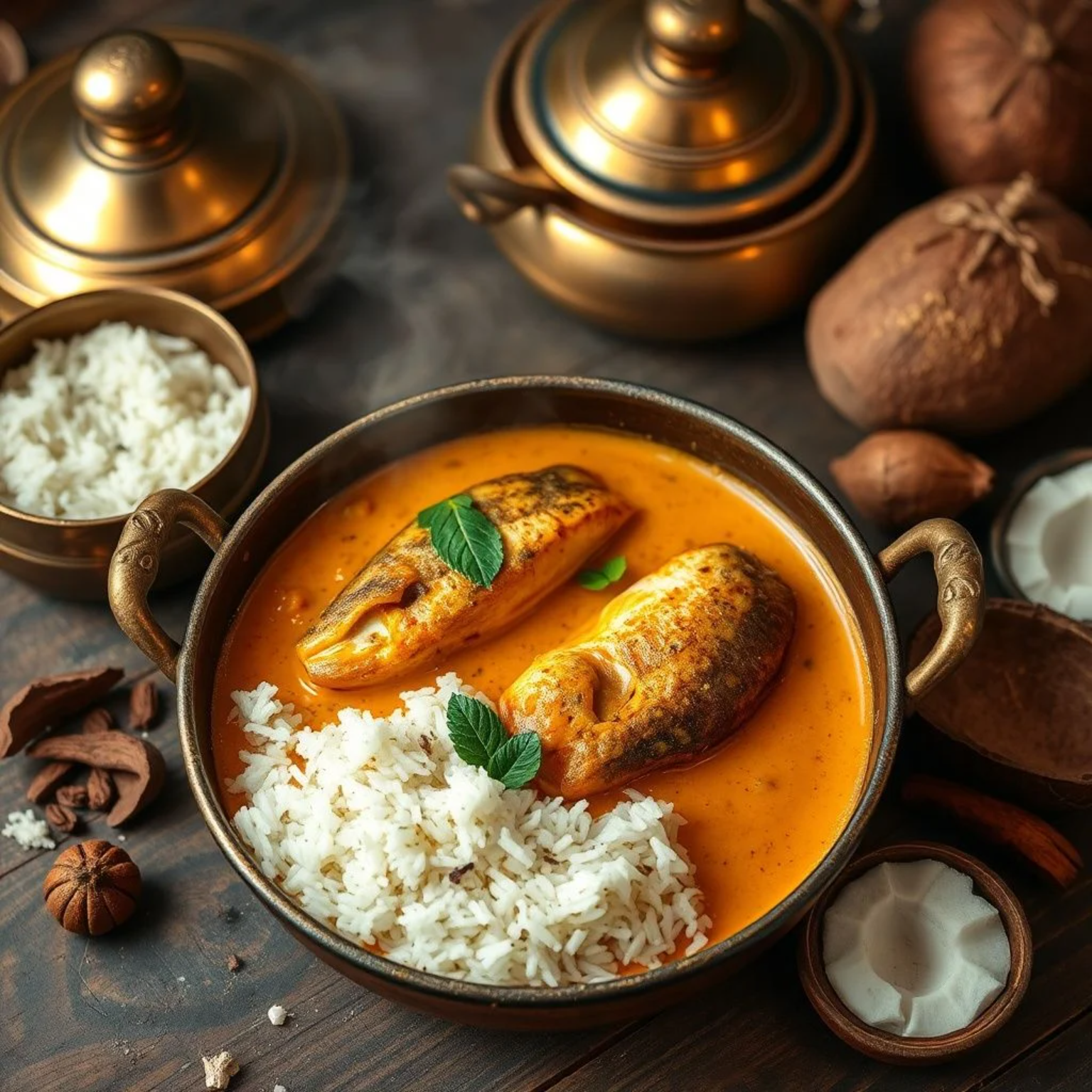 Auténtico fish curry kerala dorado en olla de barro con arroz basmati y especias tradicionales