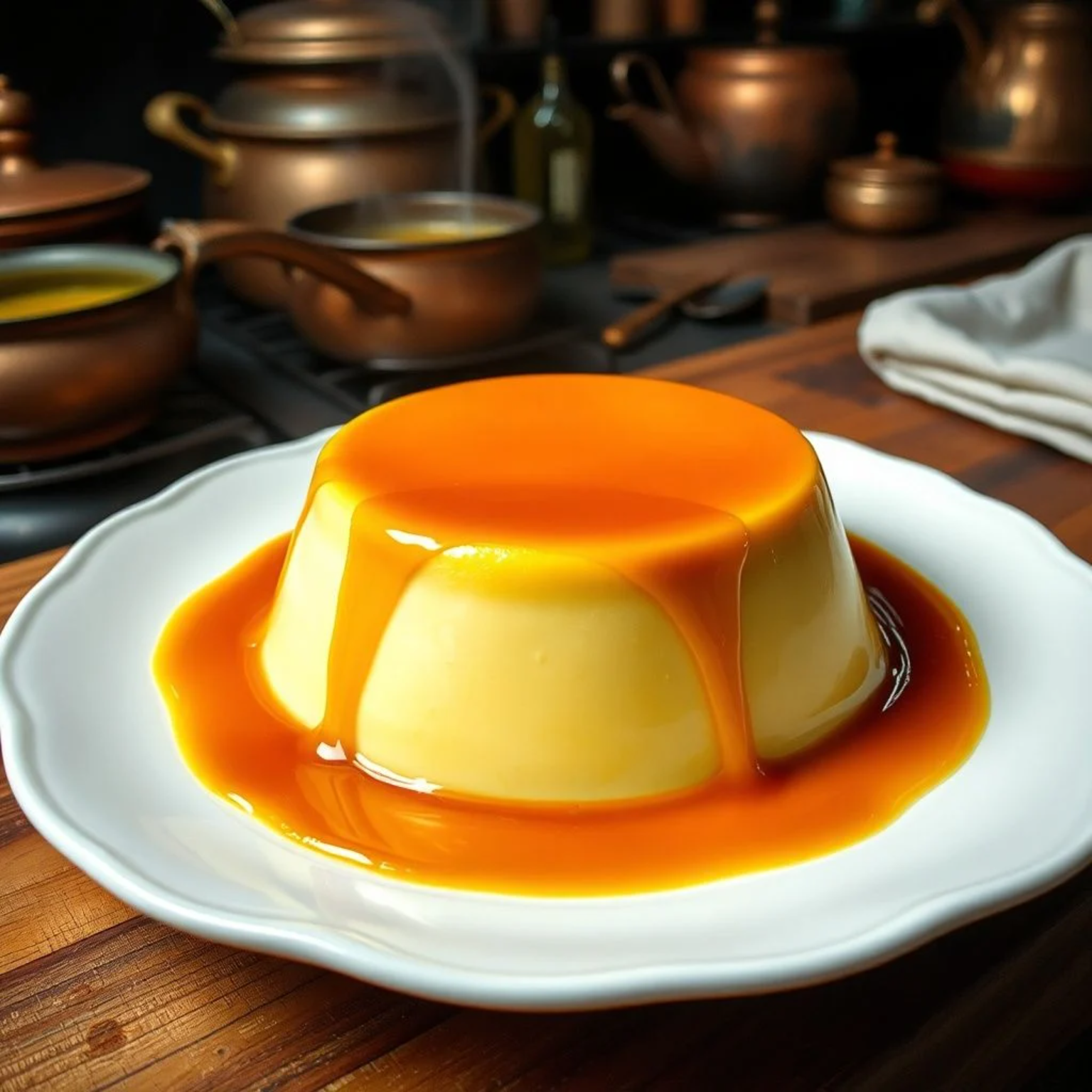 Flan de huevo español perfecto con caramelo líquido dorado servido en plato de porcelana blanca