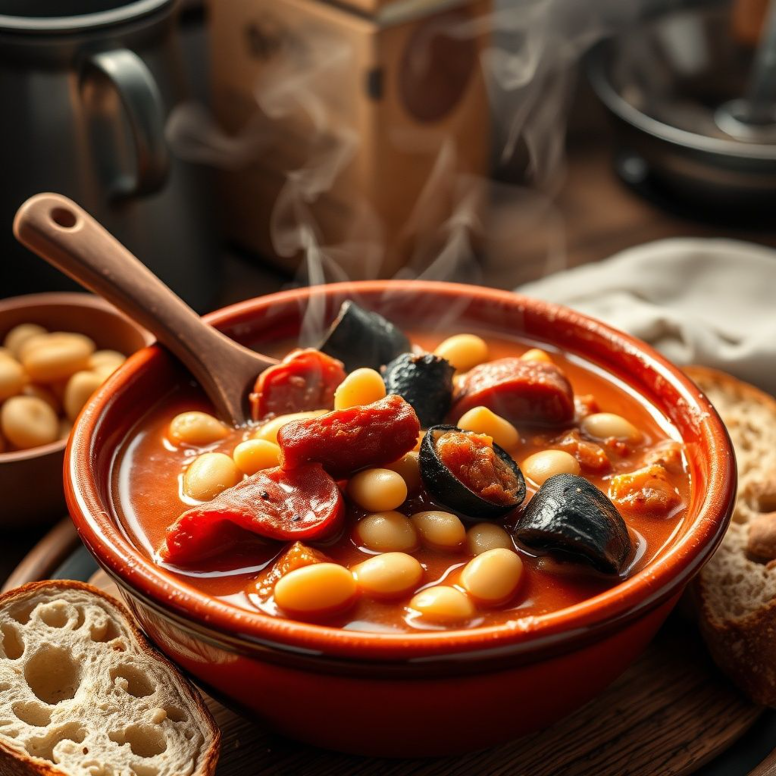 Fabada asturiana tradicional con compango servida en plato hondo con chorizo, morcilla y lacón