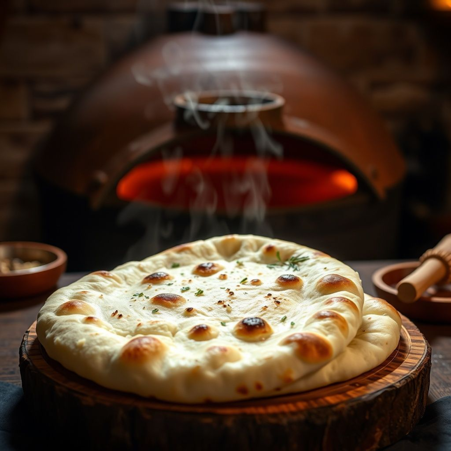 Naan bread casero recién hecho con manchas doradas características sobre tabla de madera rústica en cocina tradicional india