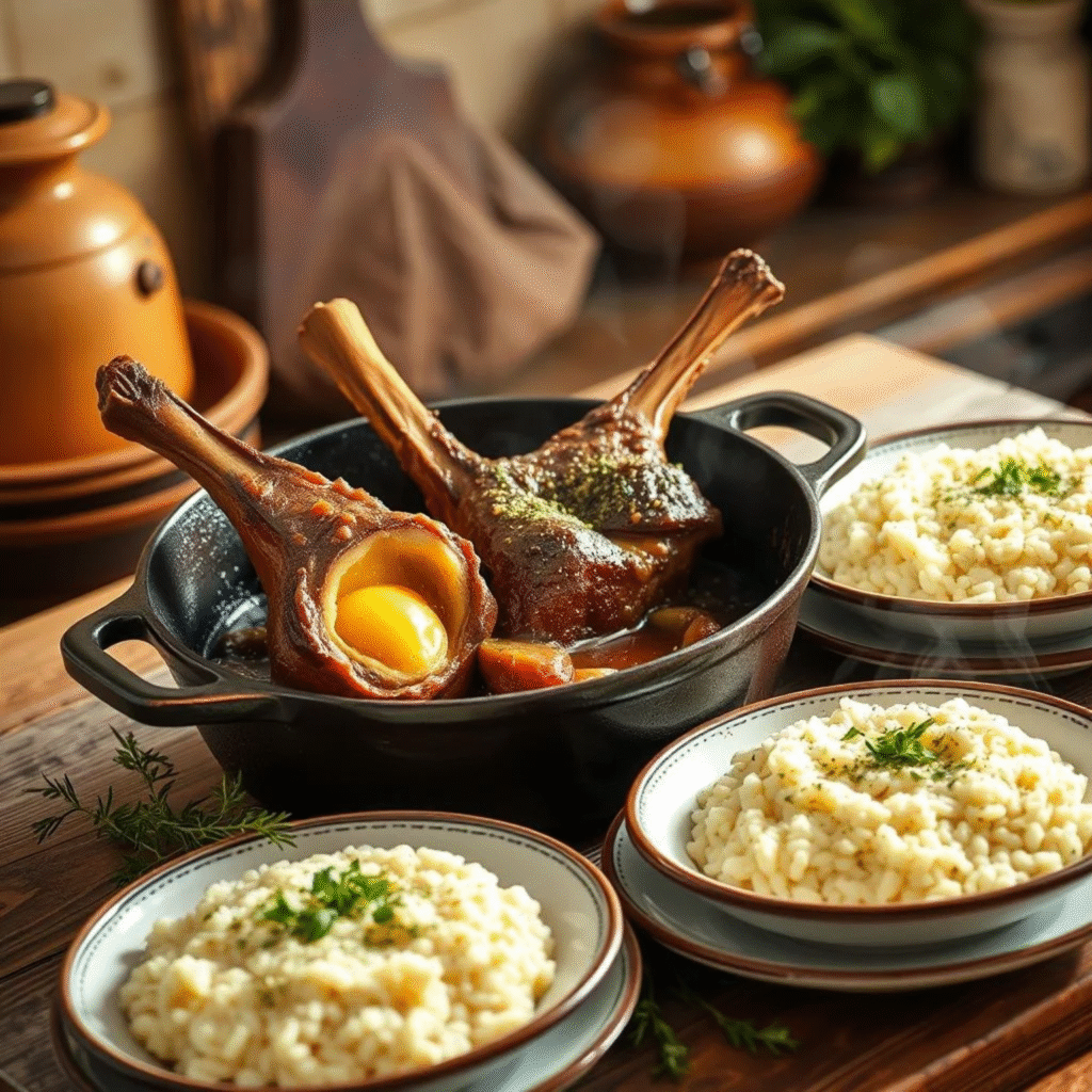 Osso Buco Milanés Auténtico - Receta Italiana Tradicional en 2 Horas (2) Osso Buco milanés auténtico con médula dorada en sartén de hierro junto a risotto alla milanese tradicional