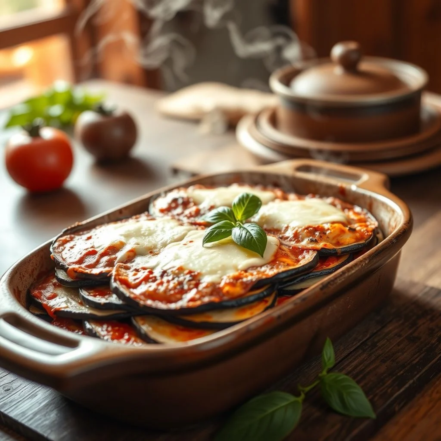Parmigiana di melanzane casera con capas de berenjenas, queso derretido y salsa de tomate, receta italiana tradicional