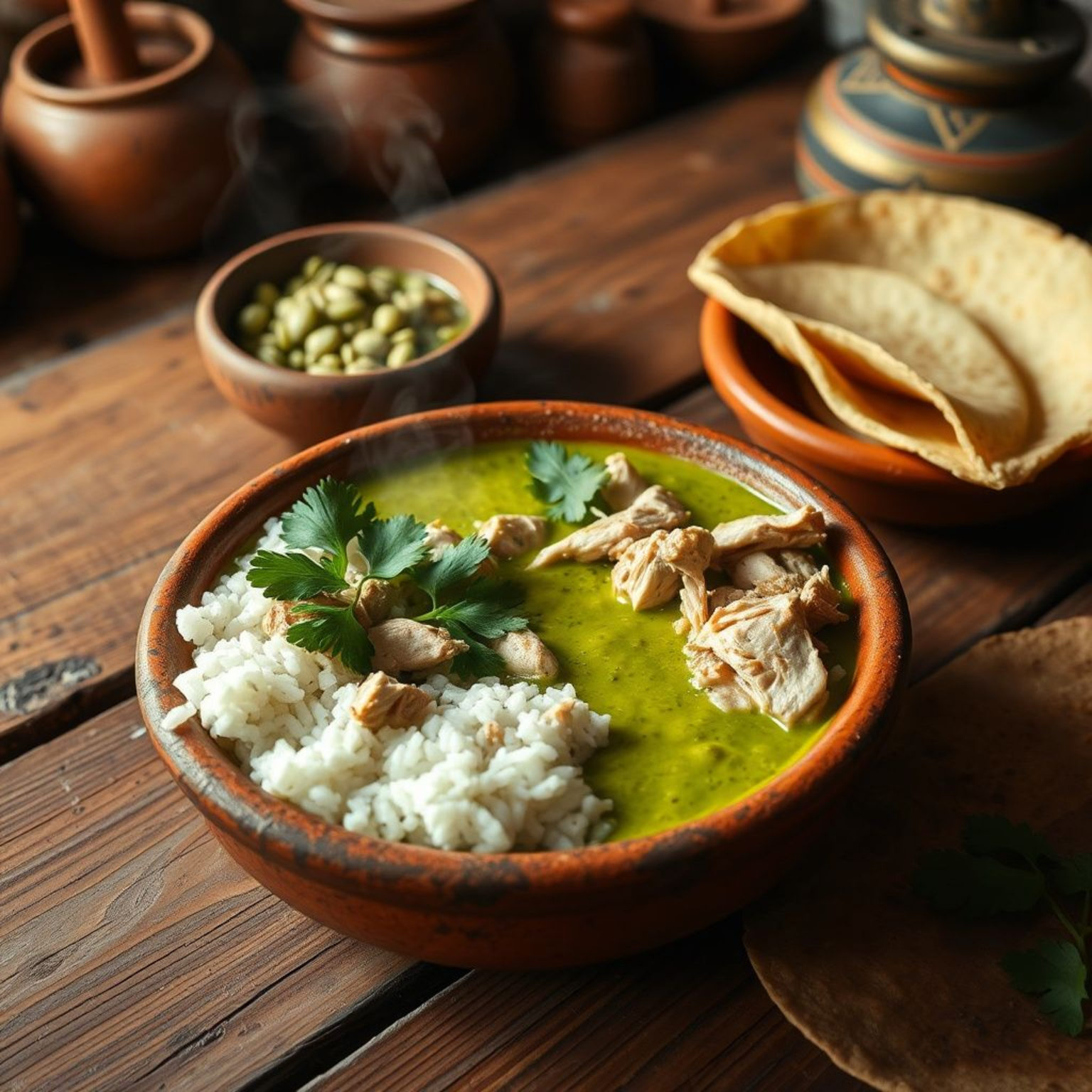 Pipian verde mexicano tradicional en bowl de barro con salsa cremosa de pepitas verdes, pollo deshebrado y tortillas de maiz