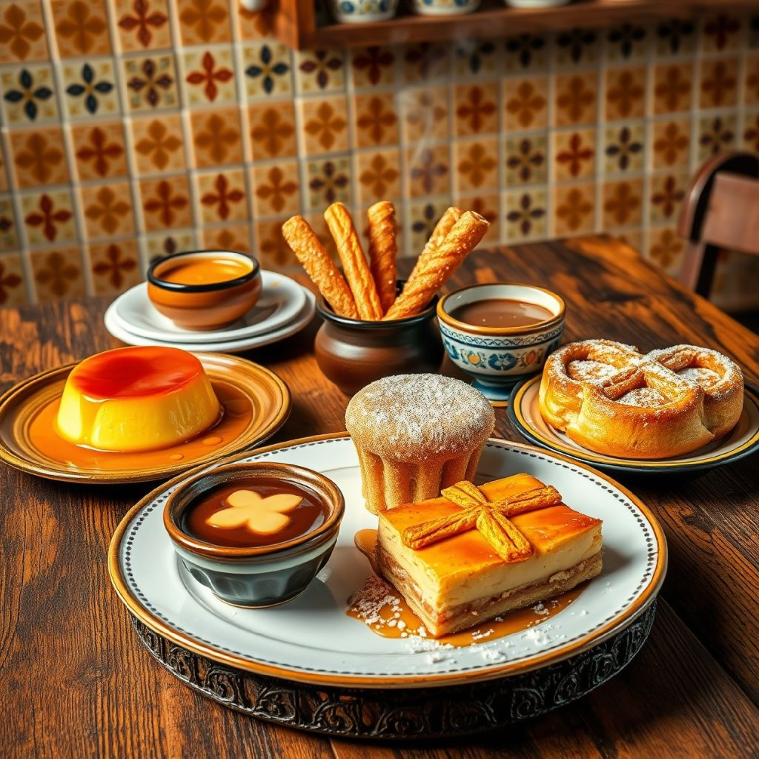 Colección de 12 postres españoles tradicionales auténticos presentados en mesa rústica con iluminación cálida