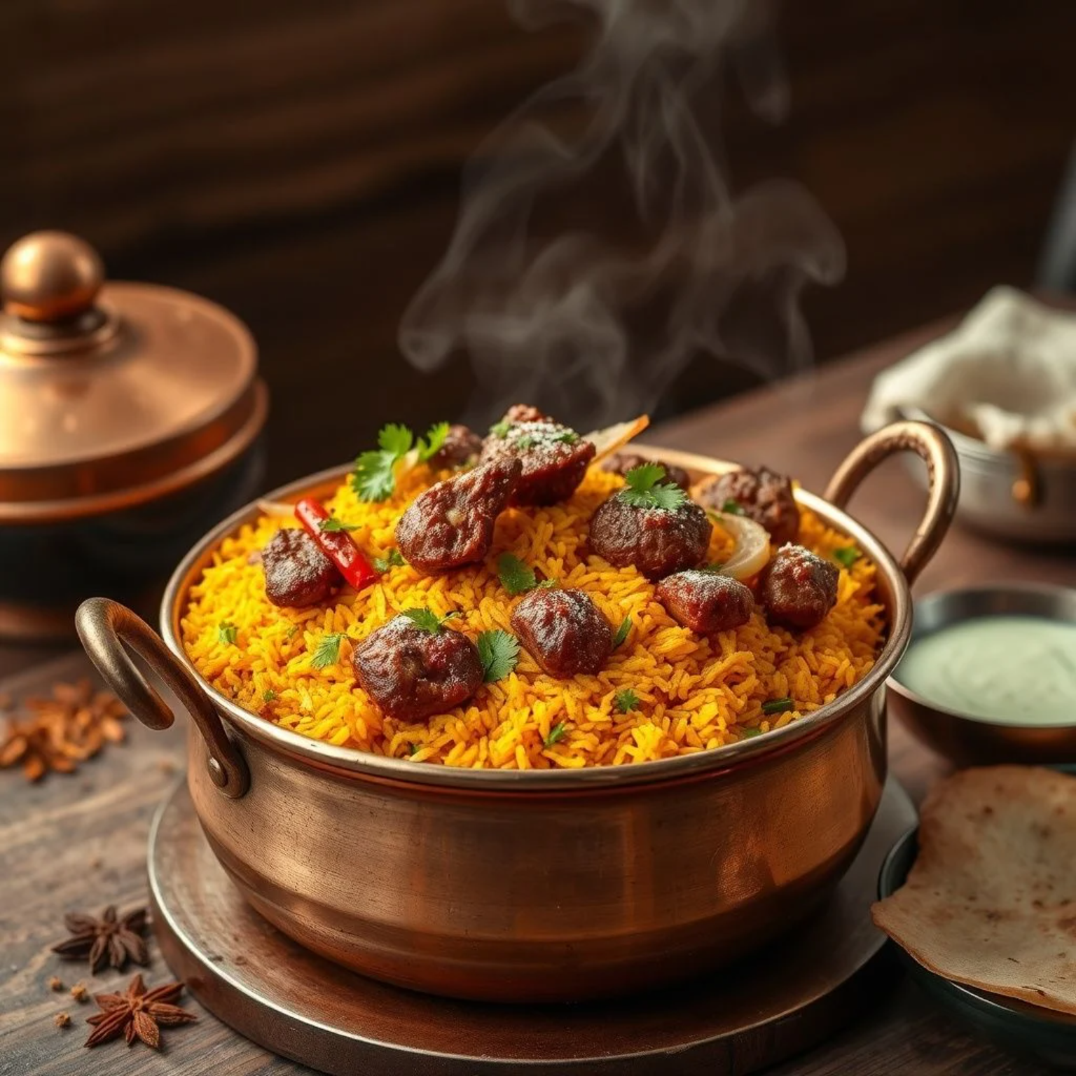 Biryani Hyderabadi auténtico casero en olla tradicional con arroz basmati dorado y cordero tierno, receta económica familiar