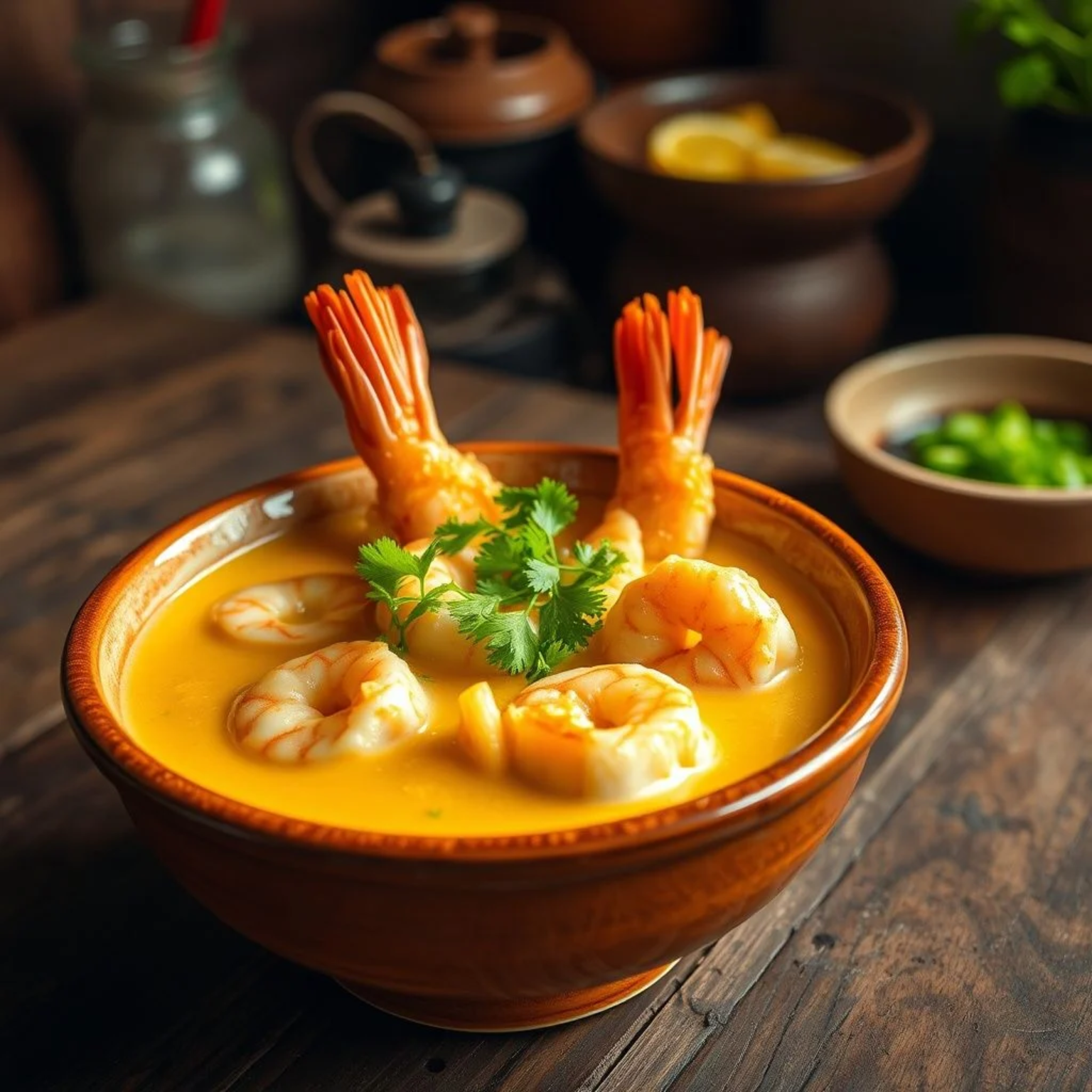Bobó de camarón brasileño auténtico servido en bol tradicional con yuca cremosa y aceite de dendê