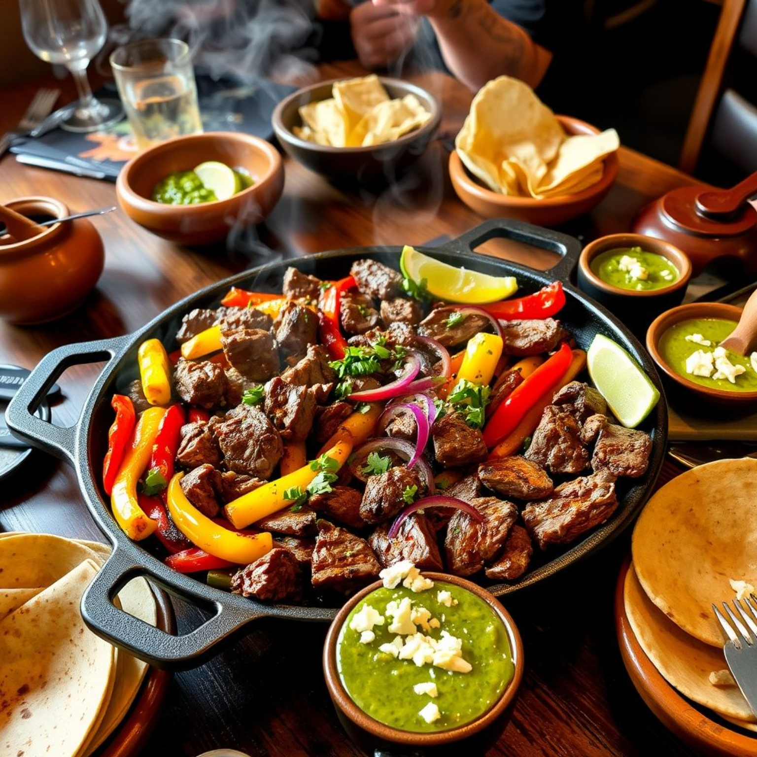Fajitas mexicanas caseras con arrachera marinada, pimientos y cebolla en comal caliente, servidas con tortillas y acompañamientos tradicionales