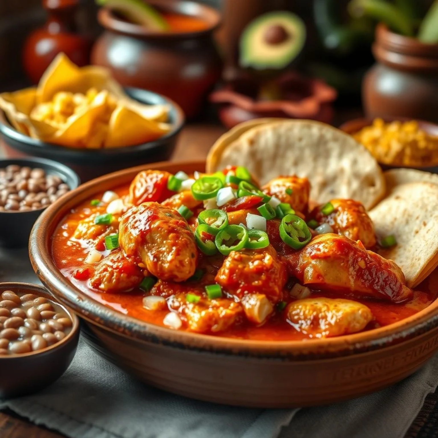 Pollo a la mexicana casero servido en cazuela de barro con tortillas de maíz, arroz rojo y frijoles - receta tradicional mexicana