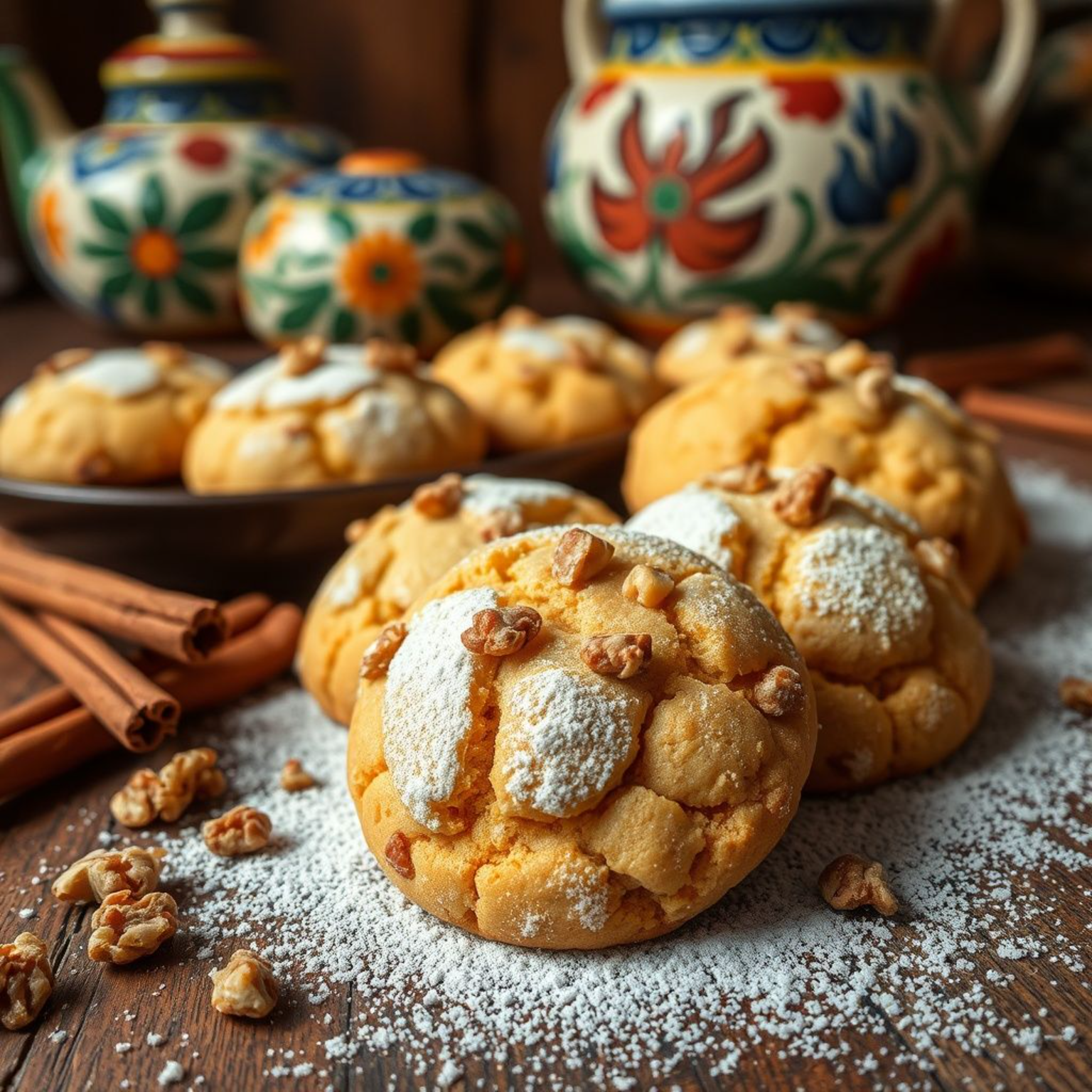 Polvorones mexicanos caseros con nuez sobre mesa de madera rústica, galletas quebradizas doradas espolvoreadas con azúcar glass