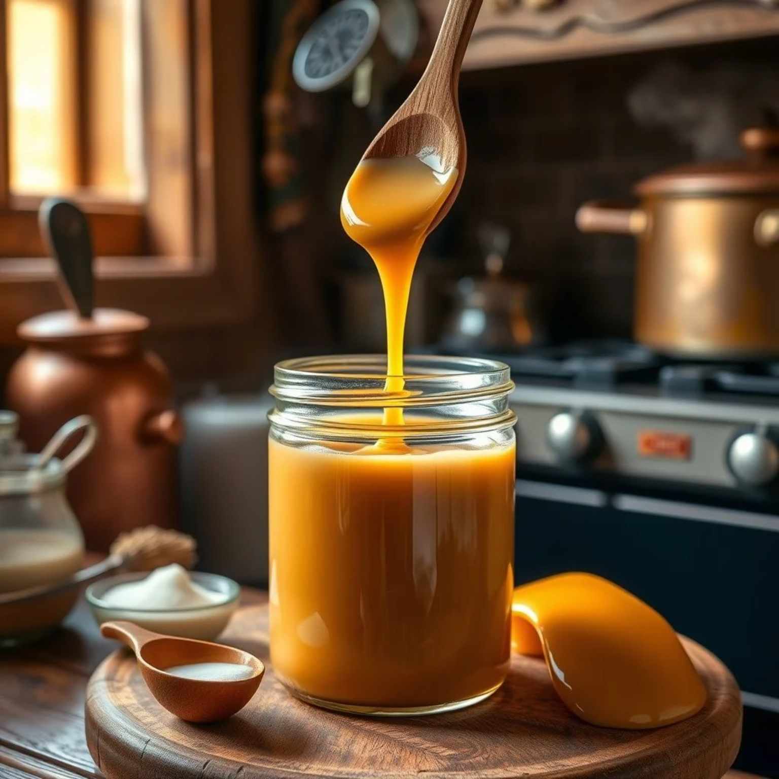Dulce de leche casero argentino tradicional en frasco de vidrio con cuchara de madera
