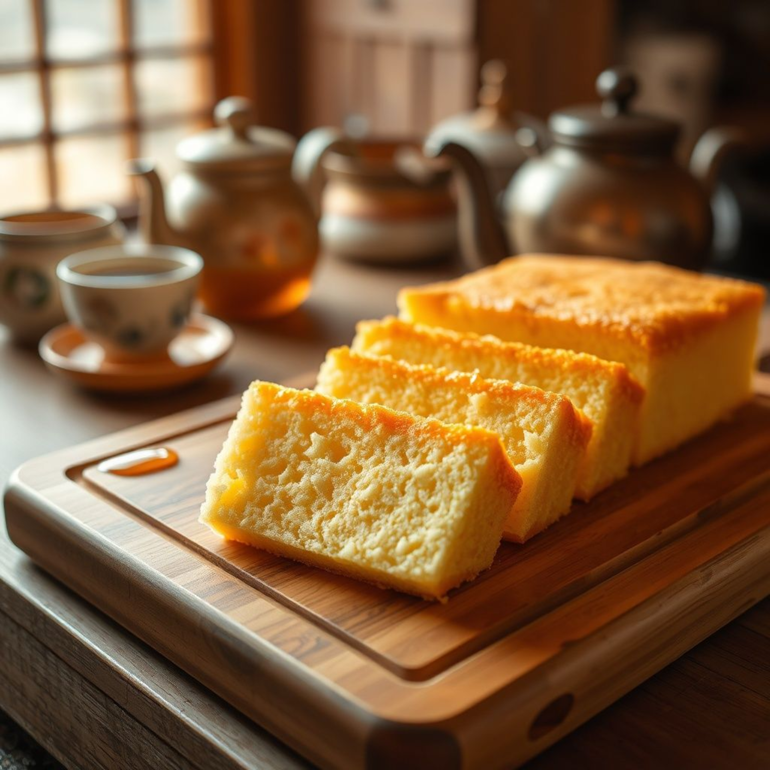 Castella japonés casero cortado en rebanadas perfectas mostrando textura esponjosa dorada sobre tabla de cortar tradicional