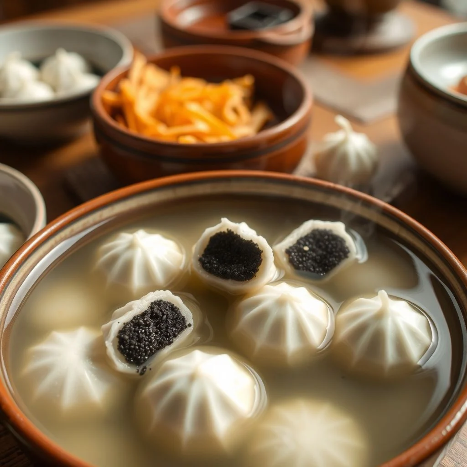 Tangyuan caseras - bolitas de arroz glutinoso rellenas de sésamo negro flotando en caldo tradicional chino
