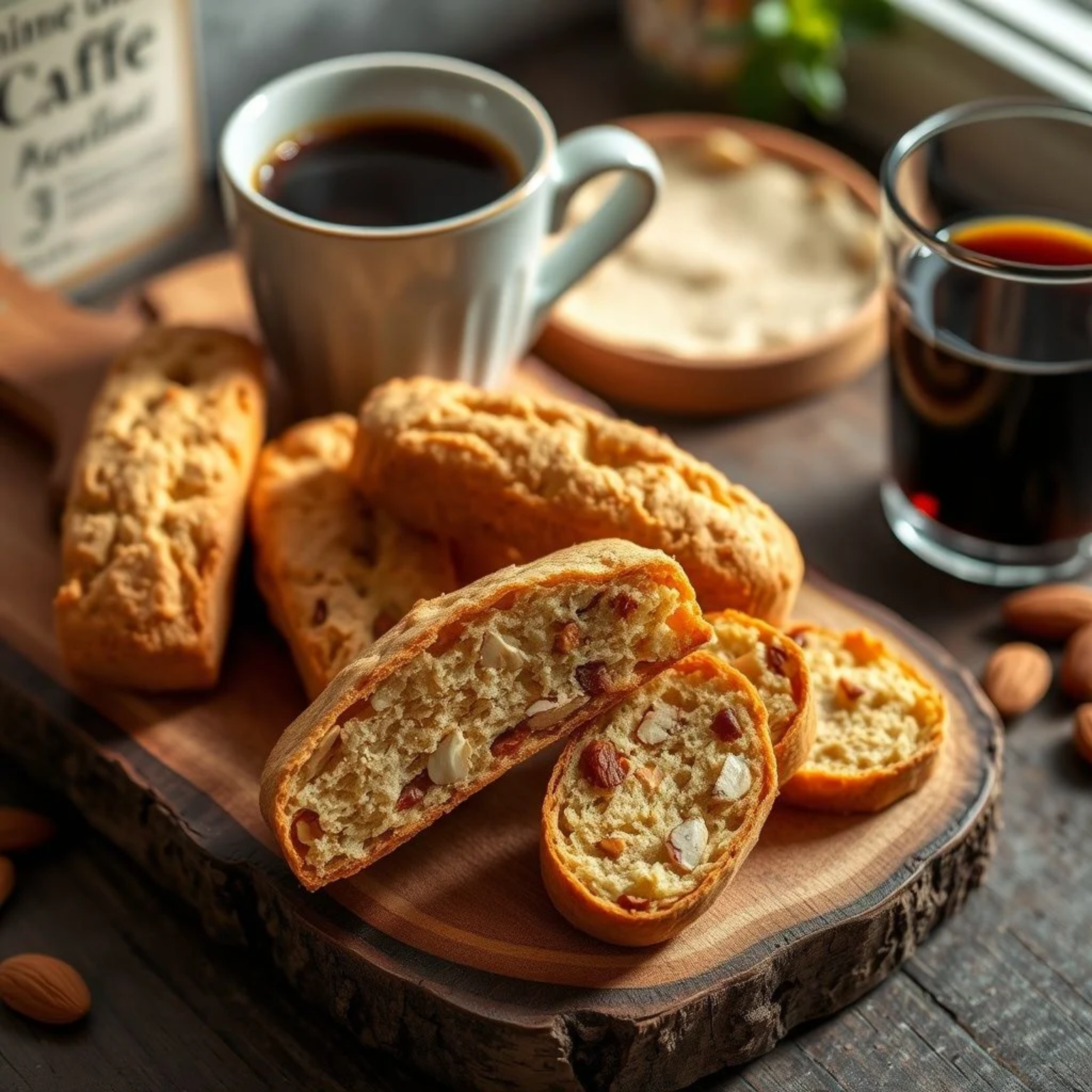 Biscotti di Prato caseros con almendras enteras, galletas italianas crujientes tradicionales servidas con espresso italiano