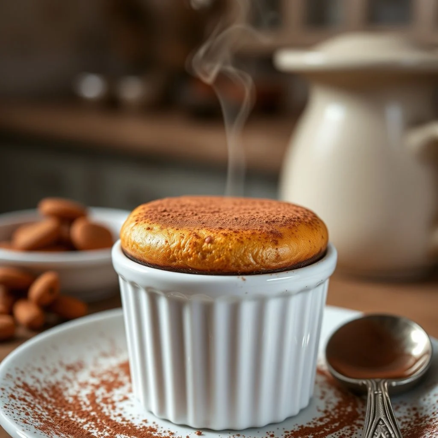 Soufflé de chocolate francés perfectamente inflado en molde individual de cerámica blanca con superficie dorada