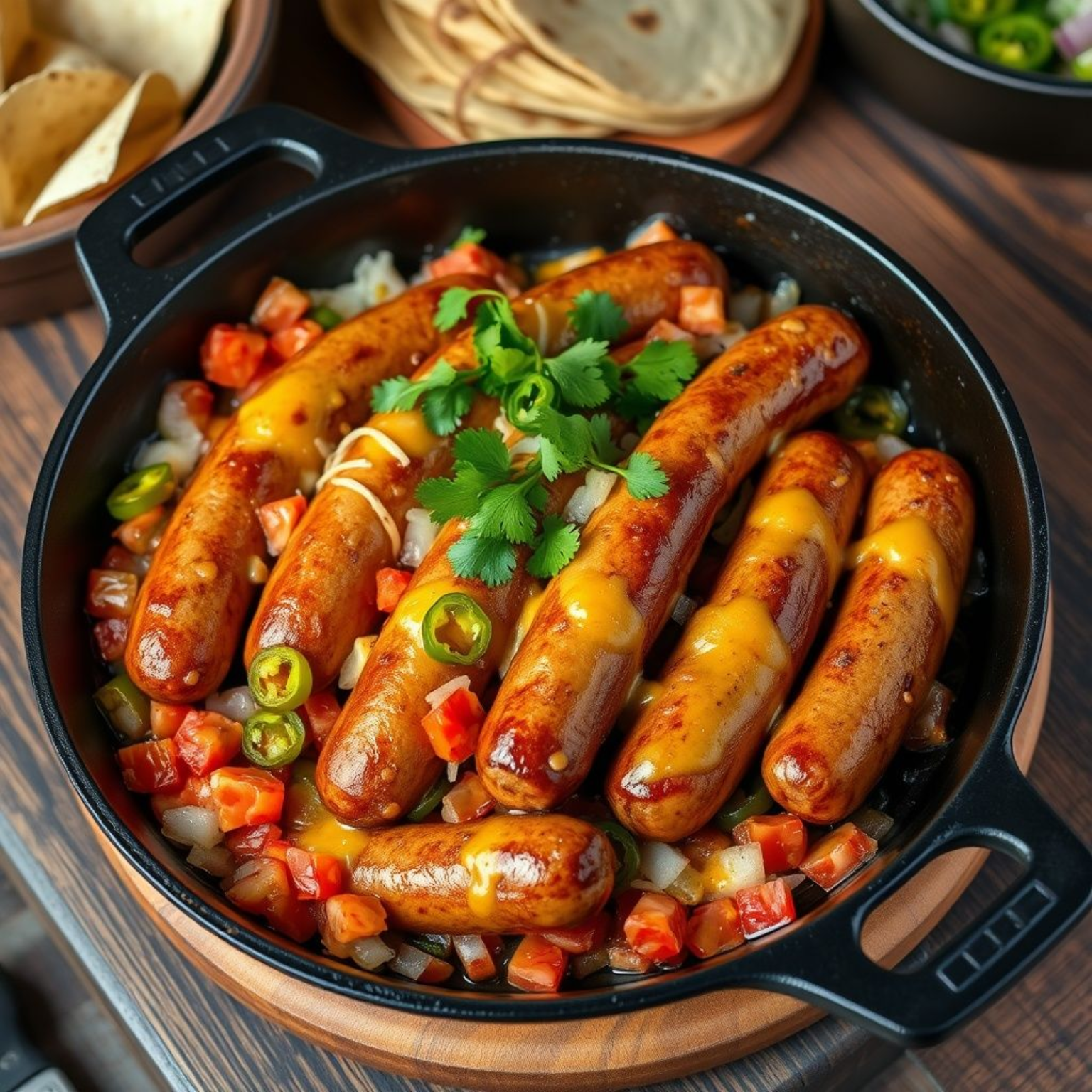 Salchichas a la mexicana con jitomate, cebolla y chiles en sartén de hierro fundido con queso derretido y cilantro fresco