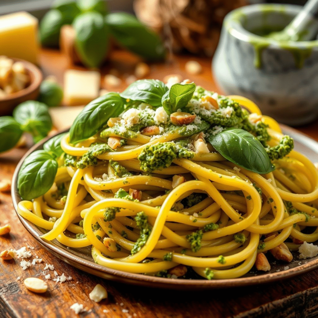 Receta facil fettuccine al Pesto Genoves Tradicional