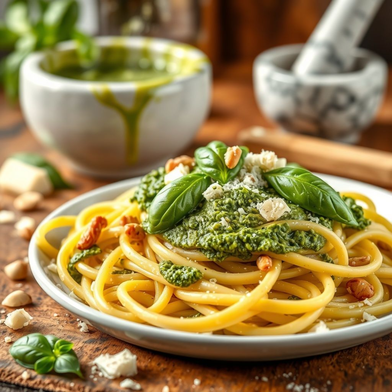 Fettuccine al pesto italiano auténtico con albahaca fresca y parmigiano reggiano