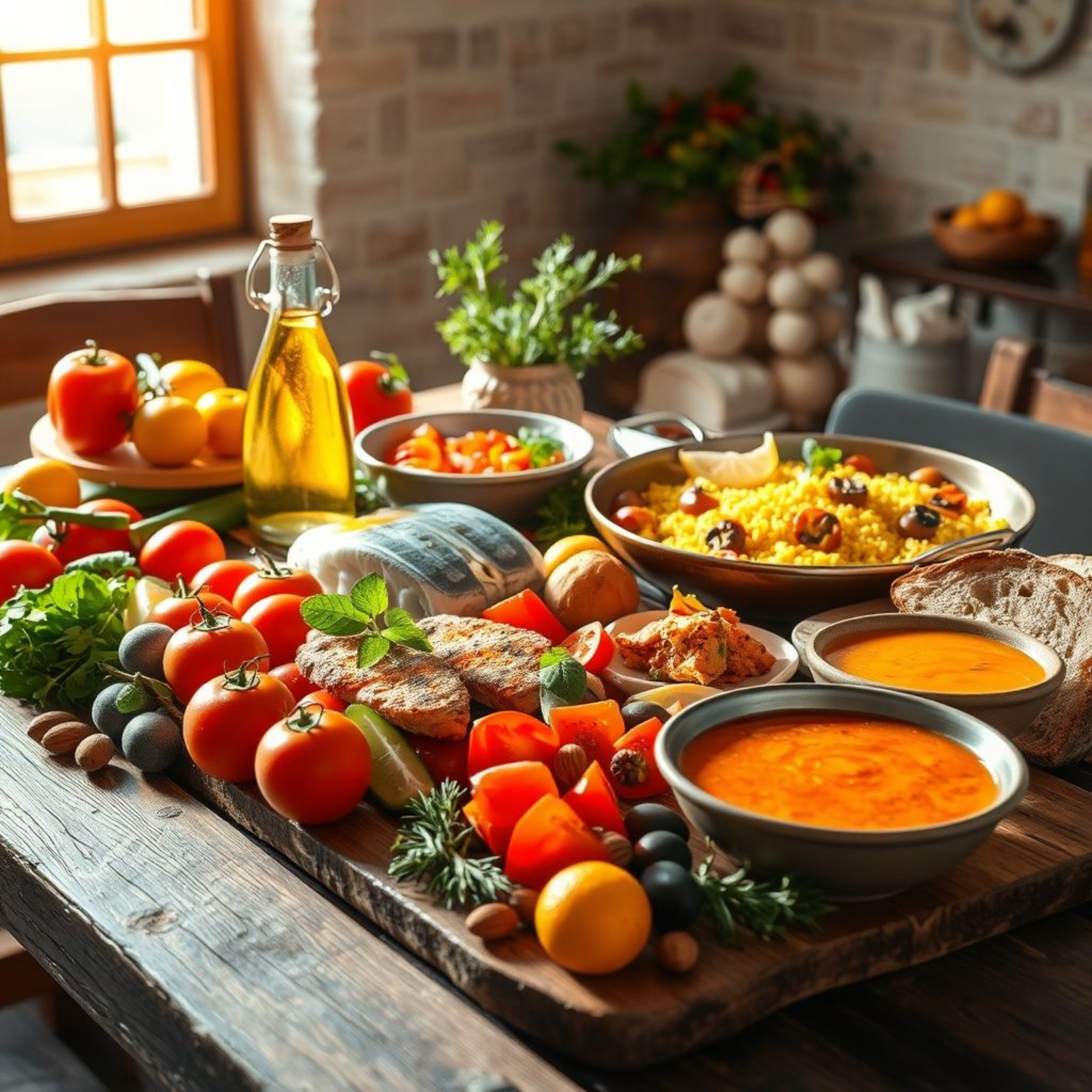 Mesa mediterránea española con aceite de oliva, verduras frescas, pescado, paella, gazpacho y ingredientes tradicionales de la dieta mediterránea saludable