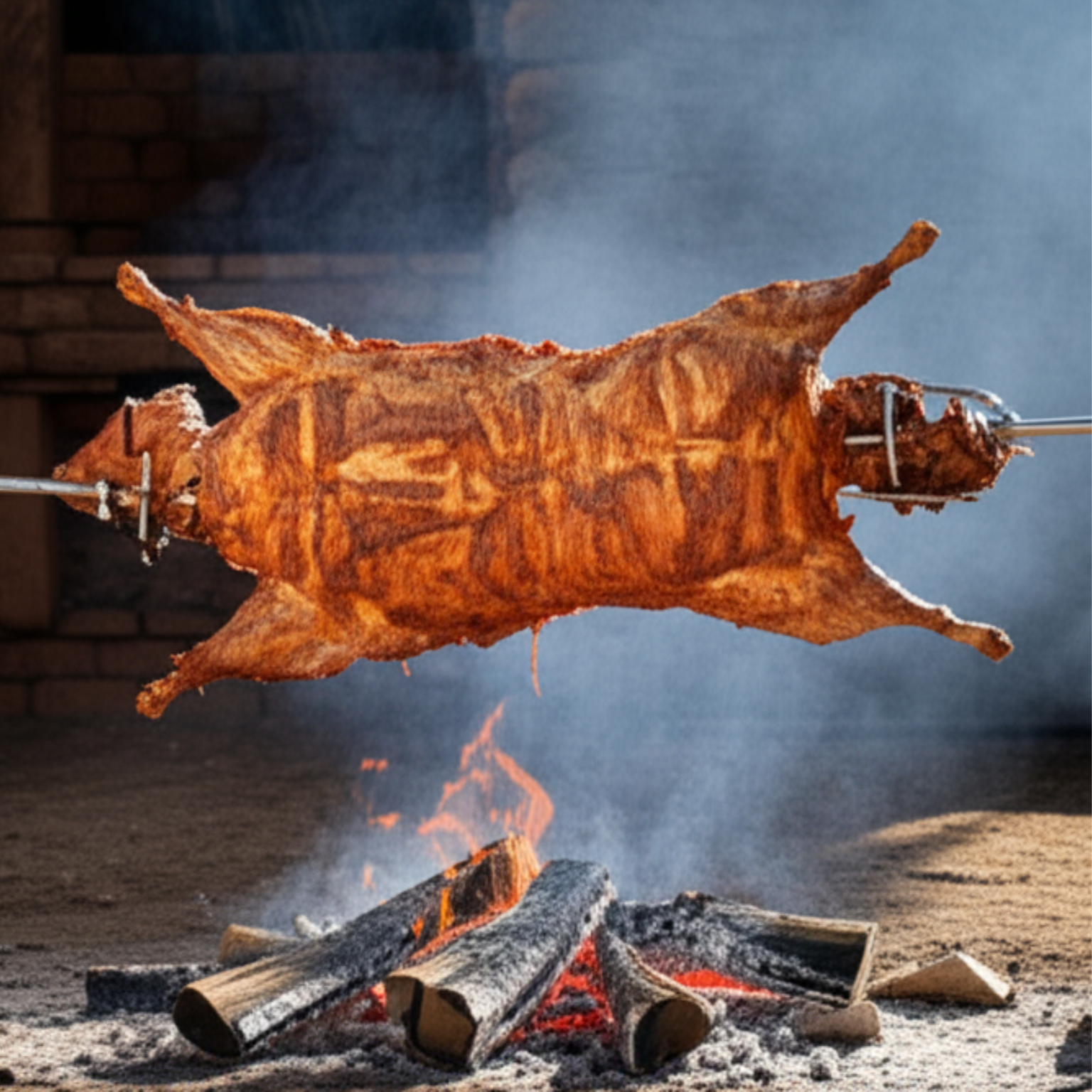 Cabrito entero asándose sobre parrilla con brasas de mezquite en tradicional asado norteño mexicano