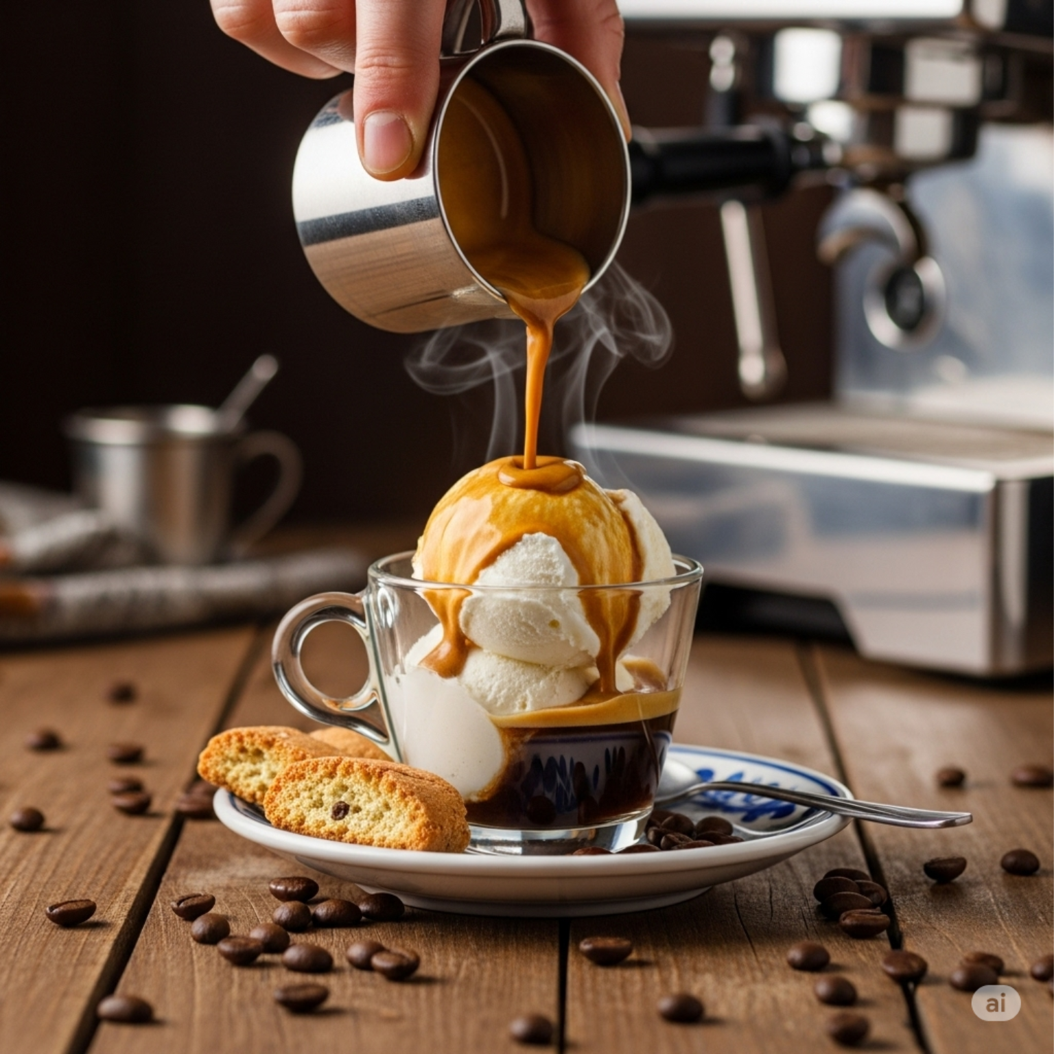 Affogato italiano auténtico en copa de vidrio con helado de vainilla y espresso caliente, servido con biscotti tradicional en ambiente de café italiano