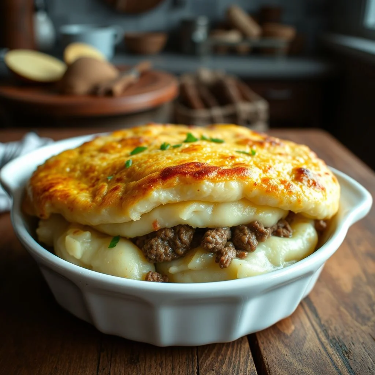 Pastel de papas argentino tradicional con puré dorado y relleno de carne picada, servido en plato blanco sobre mesa de madera