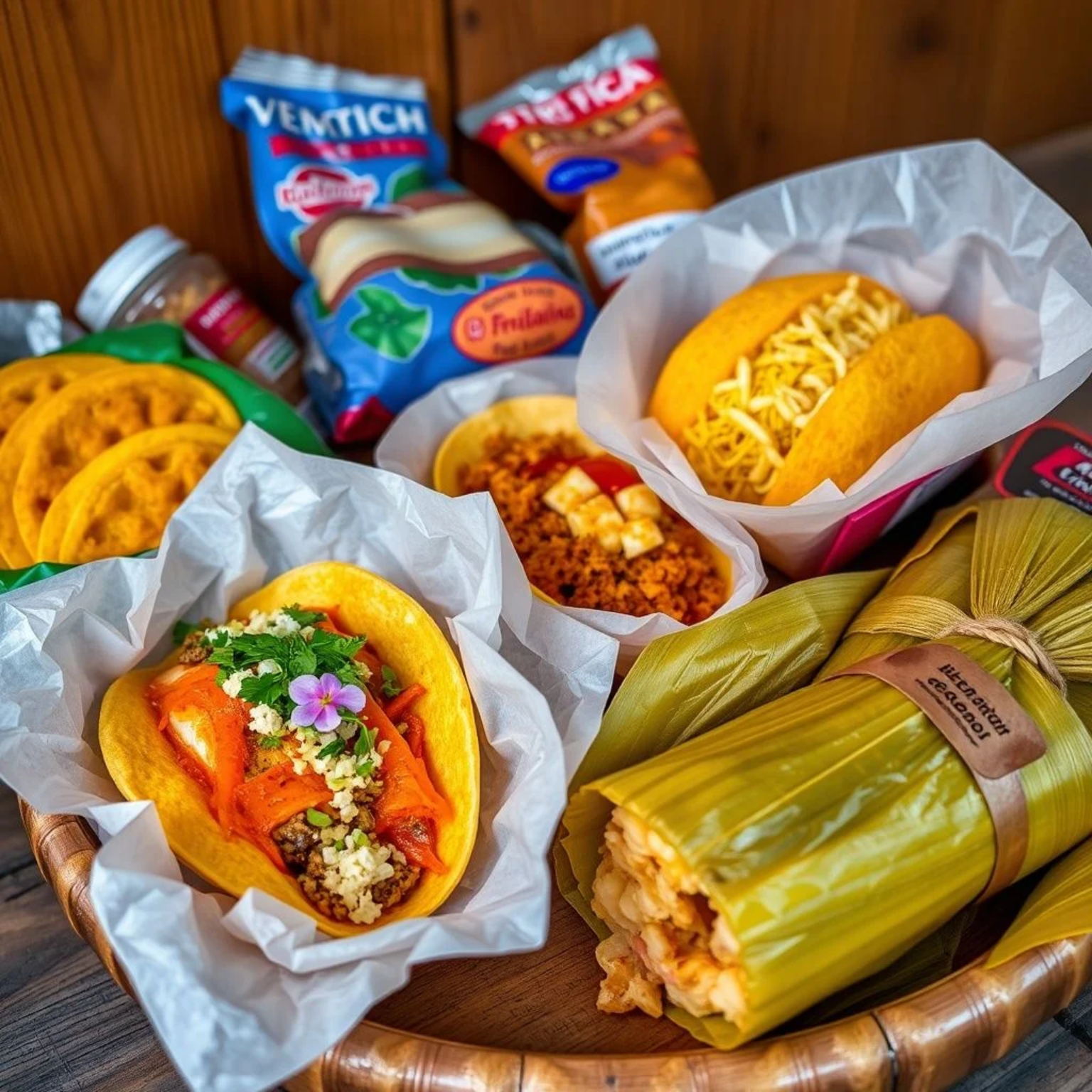 Itacate mexicano tradicional con tacos dorados, quesadillas y tamales empacados en papel encerado para el viaje