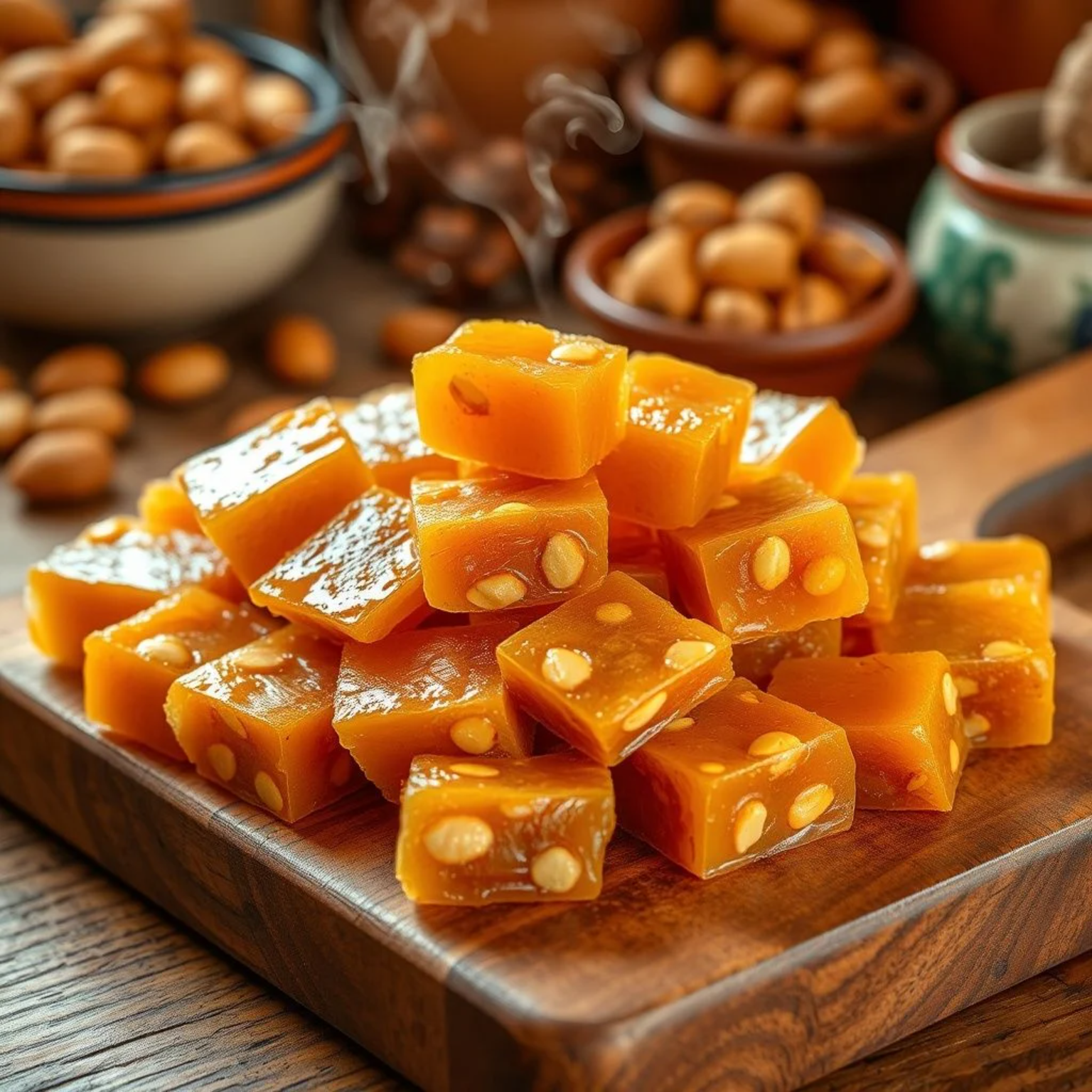 Pé de moleque brasileño casero con maní tostado y rapadura dorada sobre tabla de madera rústica