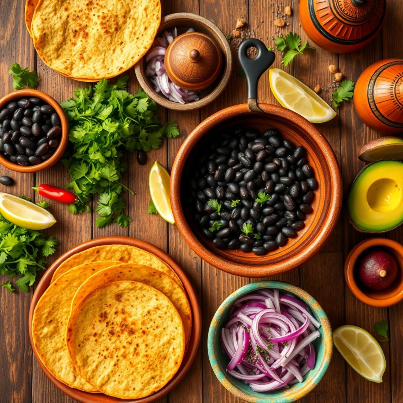 "Recetas saludables mexicanas con ingredientes frescos tradicionales sobre mesa de madera rústica y comal de barro"
