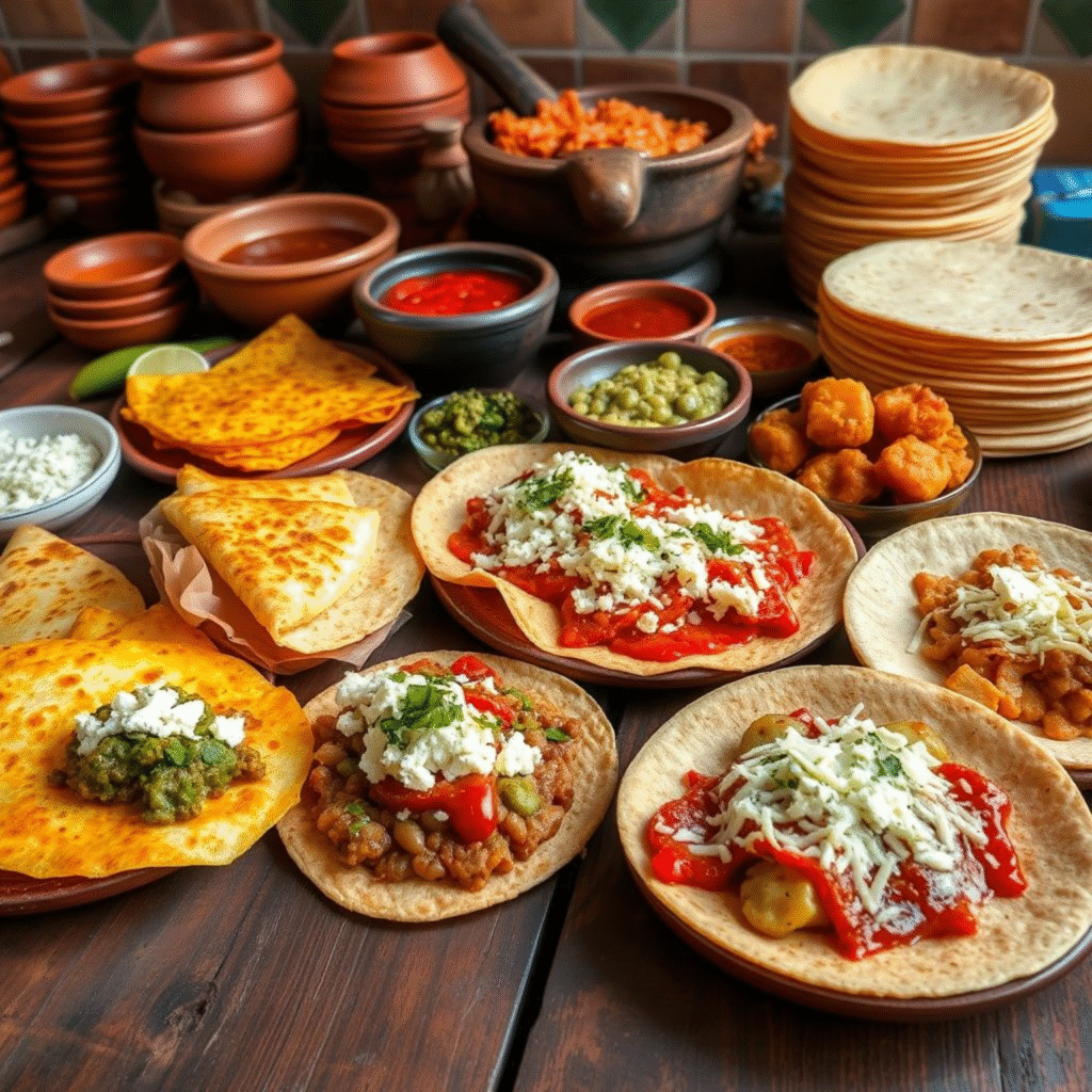 Comidas mexicanas rápidas y económicas: quesadillas, tostadas, sopes y tacos dorados servidos en mesa rústica con salsas tradicionales