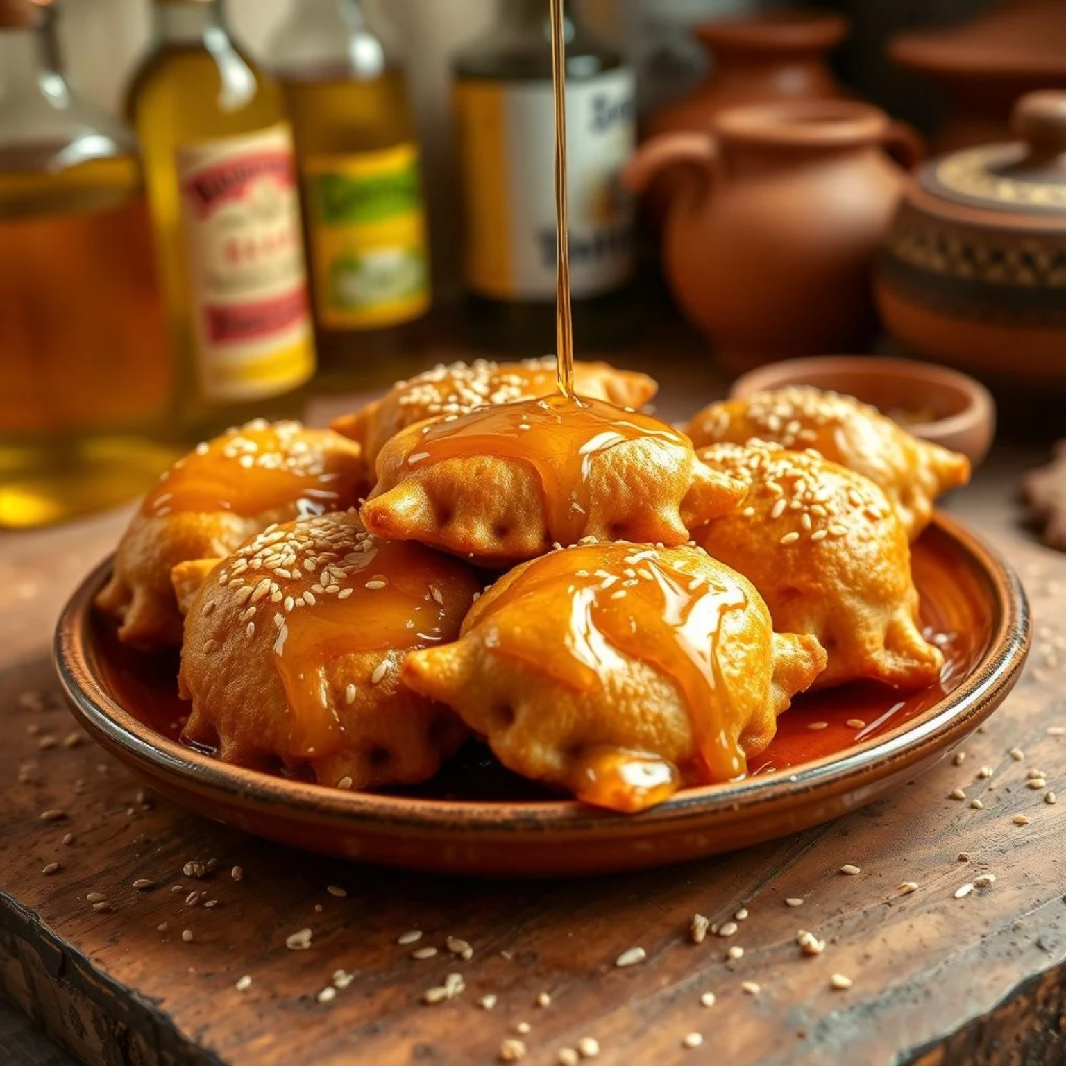 Pestiños andaluces tradicionales bañados en miel y espolvoreados con ajonjolí sobre plato de cerámica rústica
